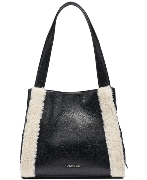 Женская сумка Calvin Klein Masie Faux Leather and Sherpa-Trim Medium Tote, цвет: Чёрный / Серебряный
