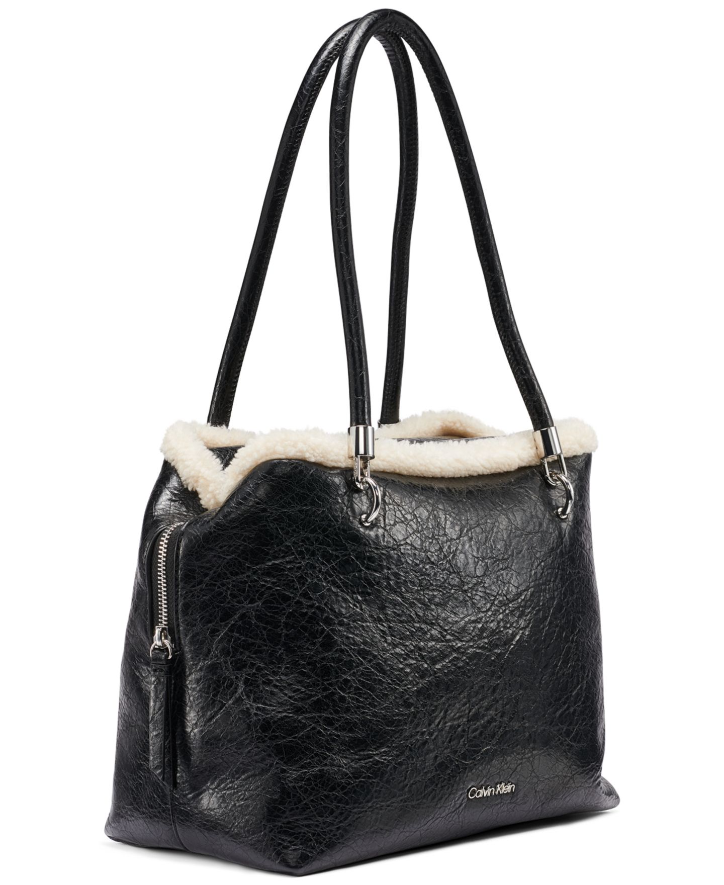 Женская сумка Calvin Klein Waverly Mini Sherpa Tote Handbag, цвет: Чёрный / Серебряный — фото 3