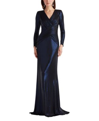 Women's Esau Metallic Crisscross Draped Long-Sleeve V-Neck Wedding Guest Gown