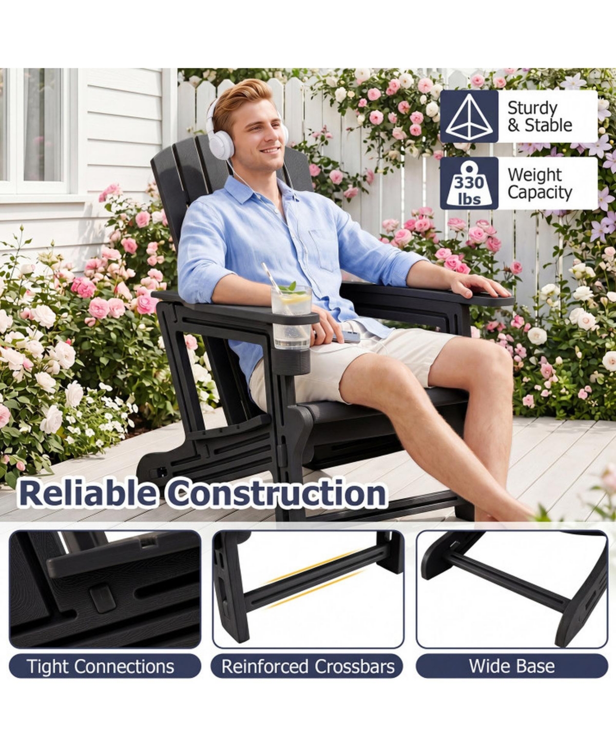 Sugift Hdpe Adirondack Chair with Cup Holder and Wood Texture for Patio