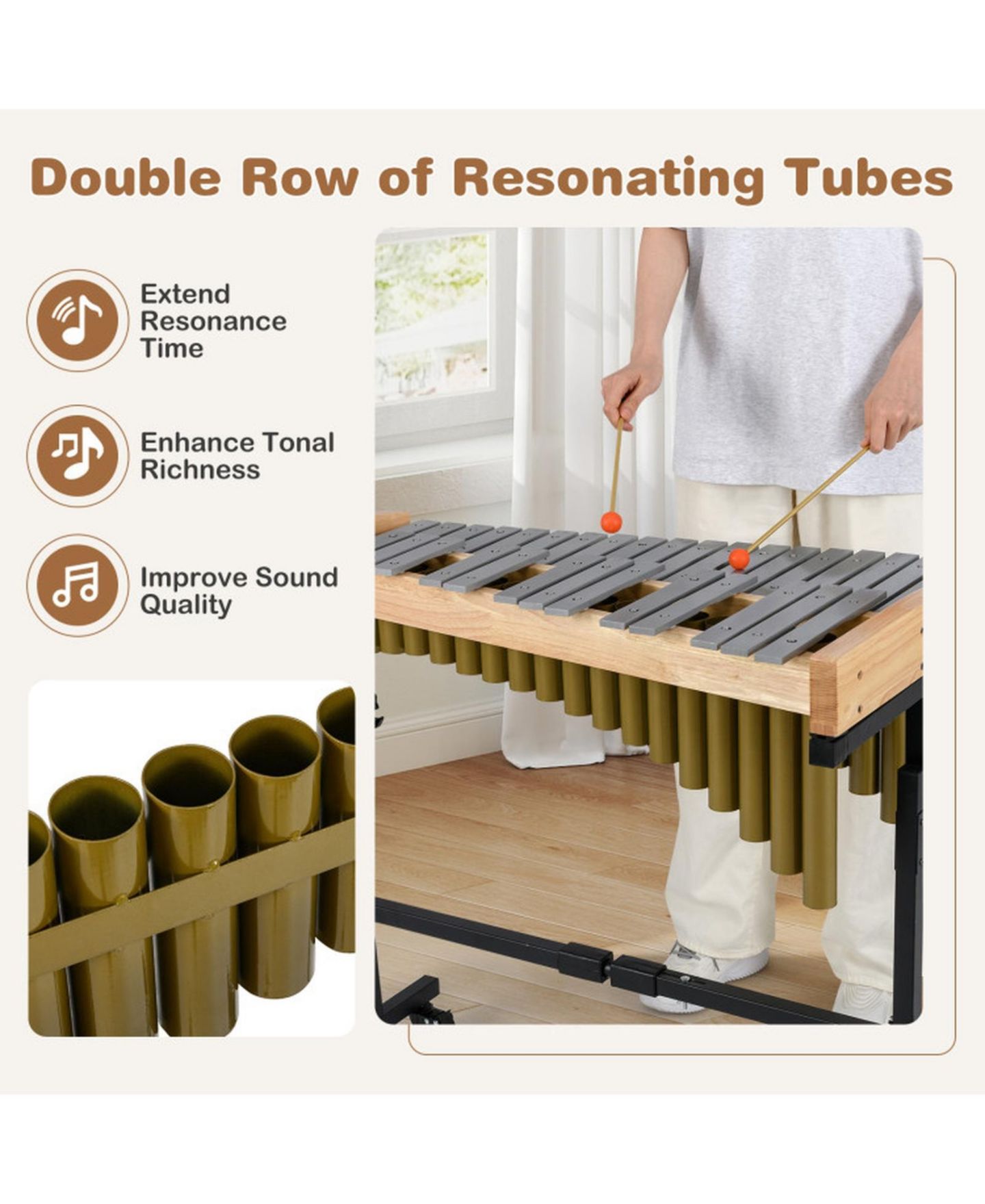 Детская игрушка HONGGE 32-Note Aluminum Marimba with Height-Adjustable Lockable Rolling Stand, цвет: Золотой / Коричневый — фото 7