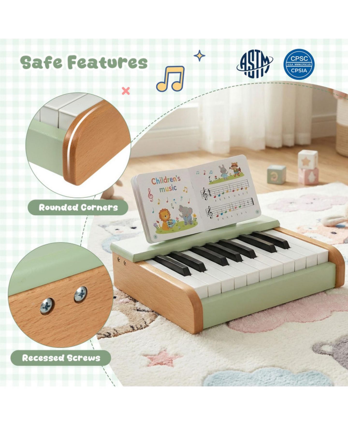 Детская игрушка HONGGE 18-Key Wooden Battery-Operated Piano, Ages 3+, цвет: Тёмно-зелёный — фото 6