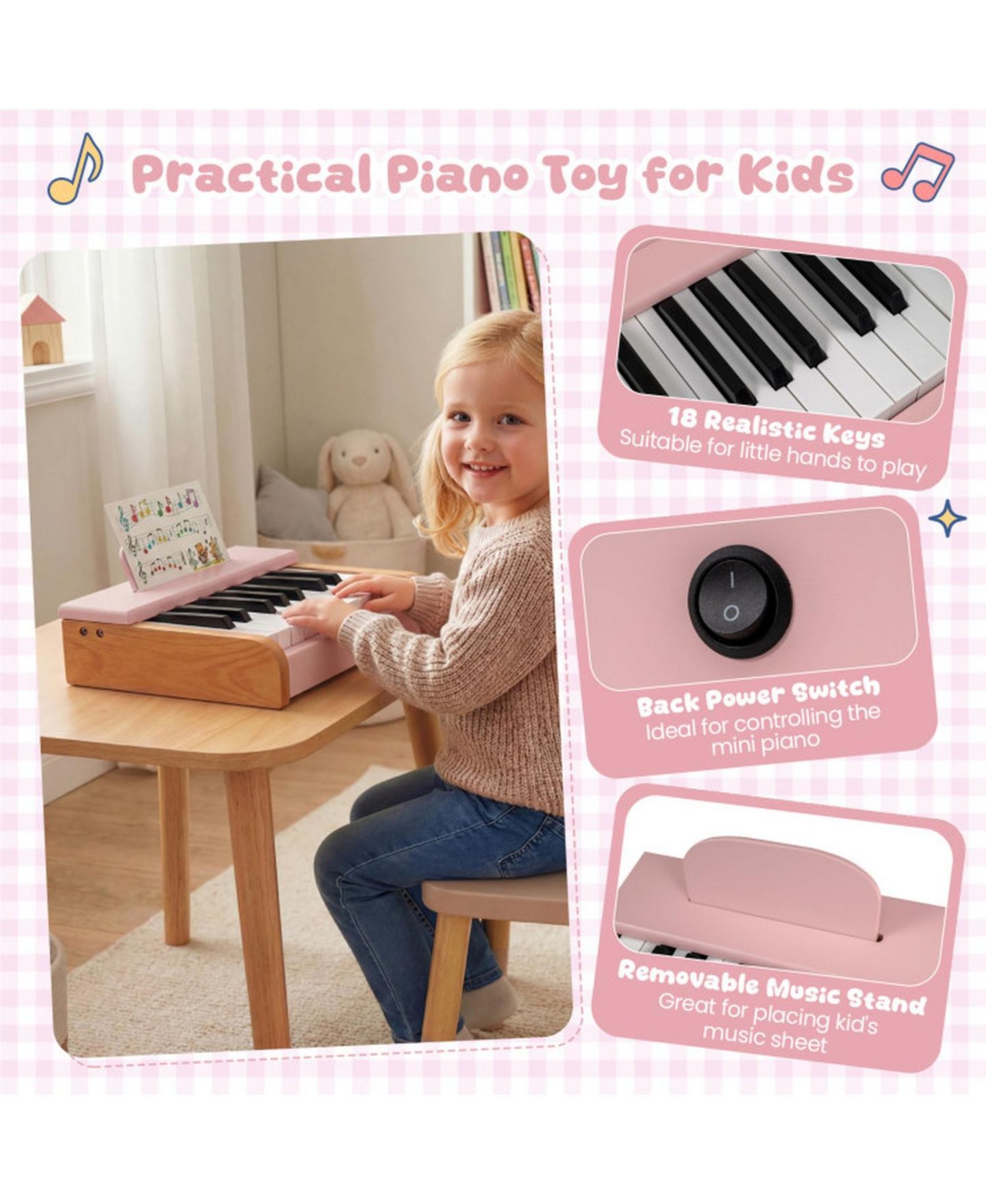 Детская игрушка HONGGE 18-Key Wooden Musical Toy Piano, Ages 3+, цвет: Розовый — фото 8