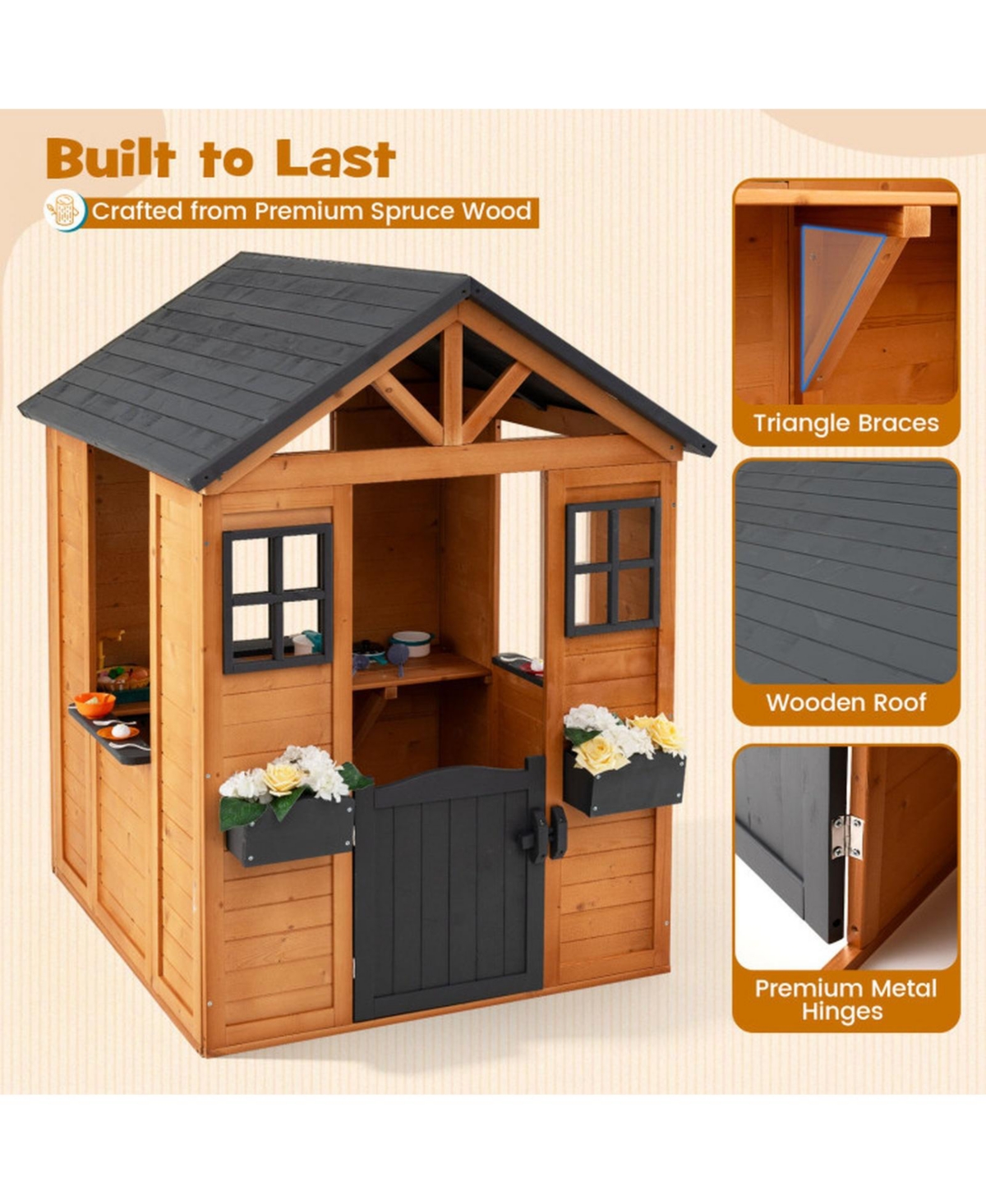 Hongge Spruce Wood Kids Outdoor Playhouse with Play Sink Tabletop