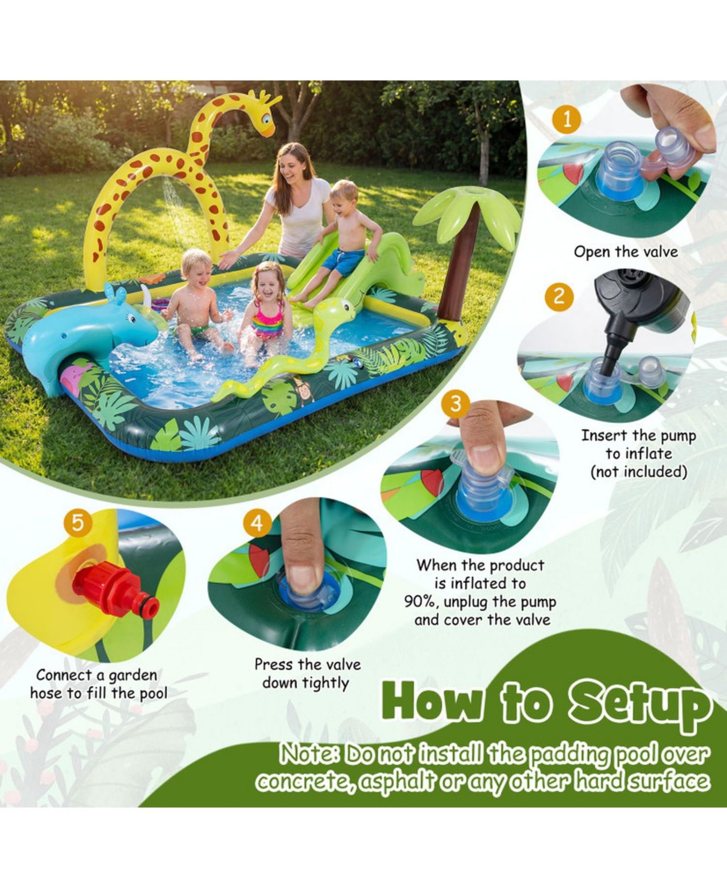 Jungle Animal Inflatable Spray Pool Play Center with Slide and Sprinkler Ages 2-6