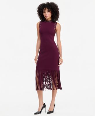 Women's Sleeveless Midi Fringe-Trim Sweater Dress