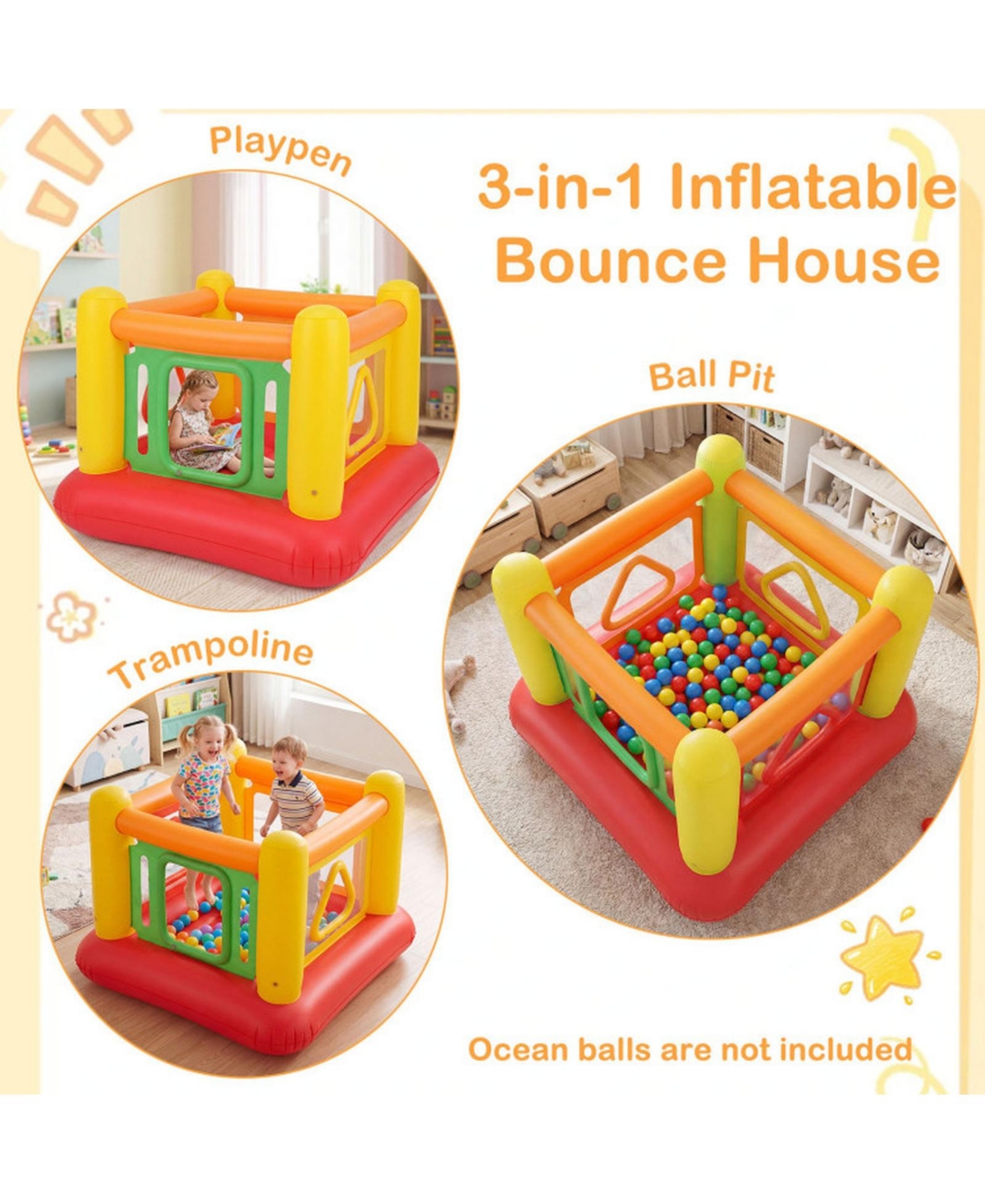 Hongge 3-in-1 Inflatable Bounce House, 63" x 63" x 49", 110 lbs Capacity, Ages 3+