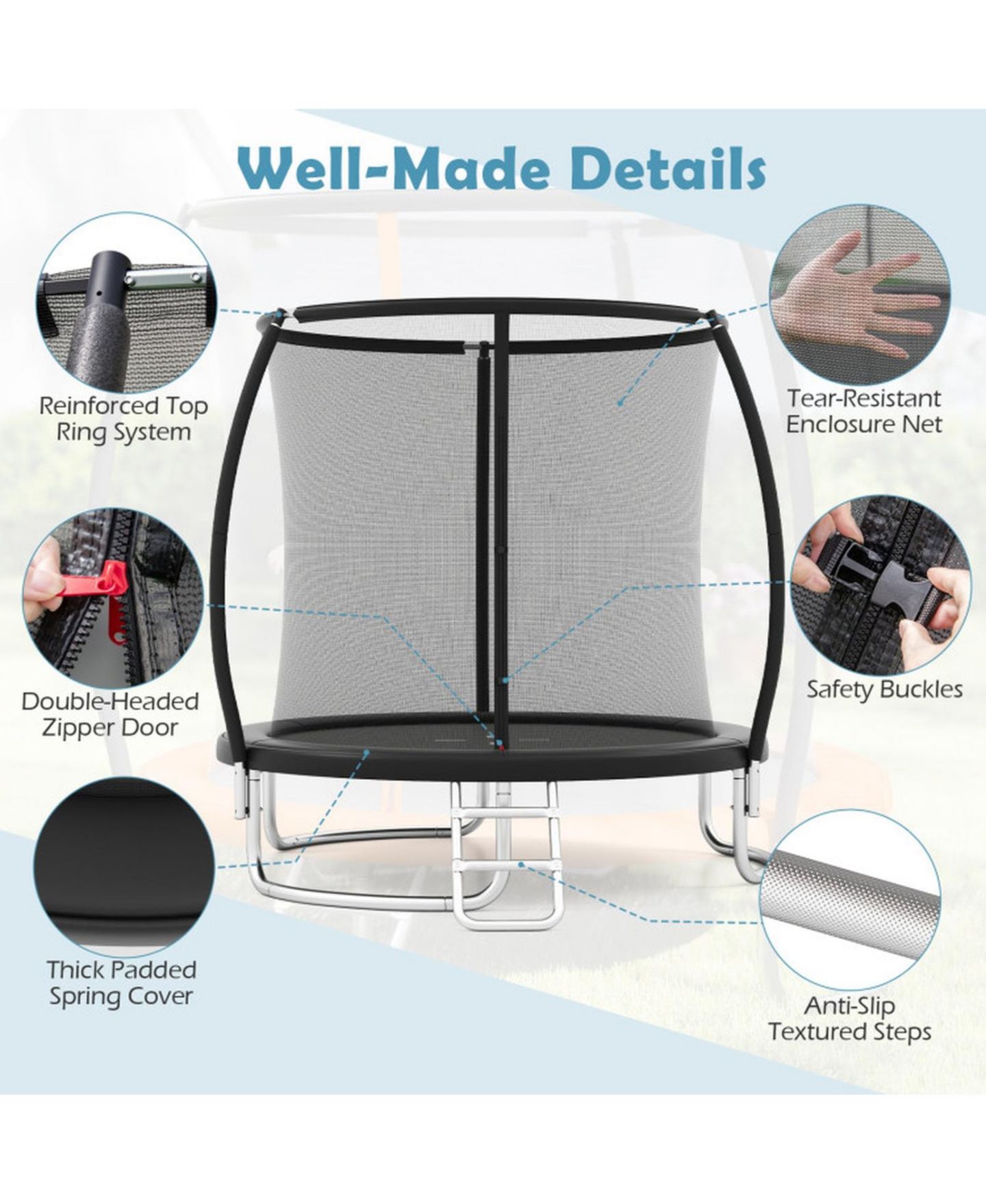 Детская игрушка HONGGE 8 ft Galvanized Steel Safety Enclosure Net Trampoline with Ladder, 880 lb Capacity, Ages 3+, цвет: Чёрный — фото 4