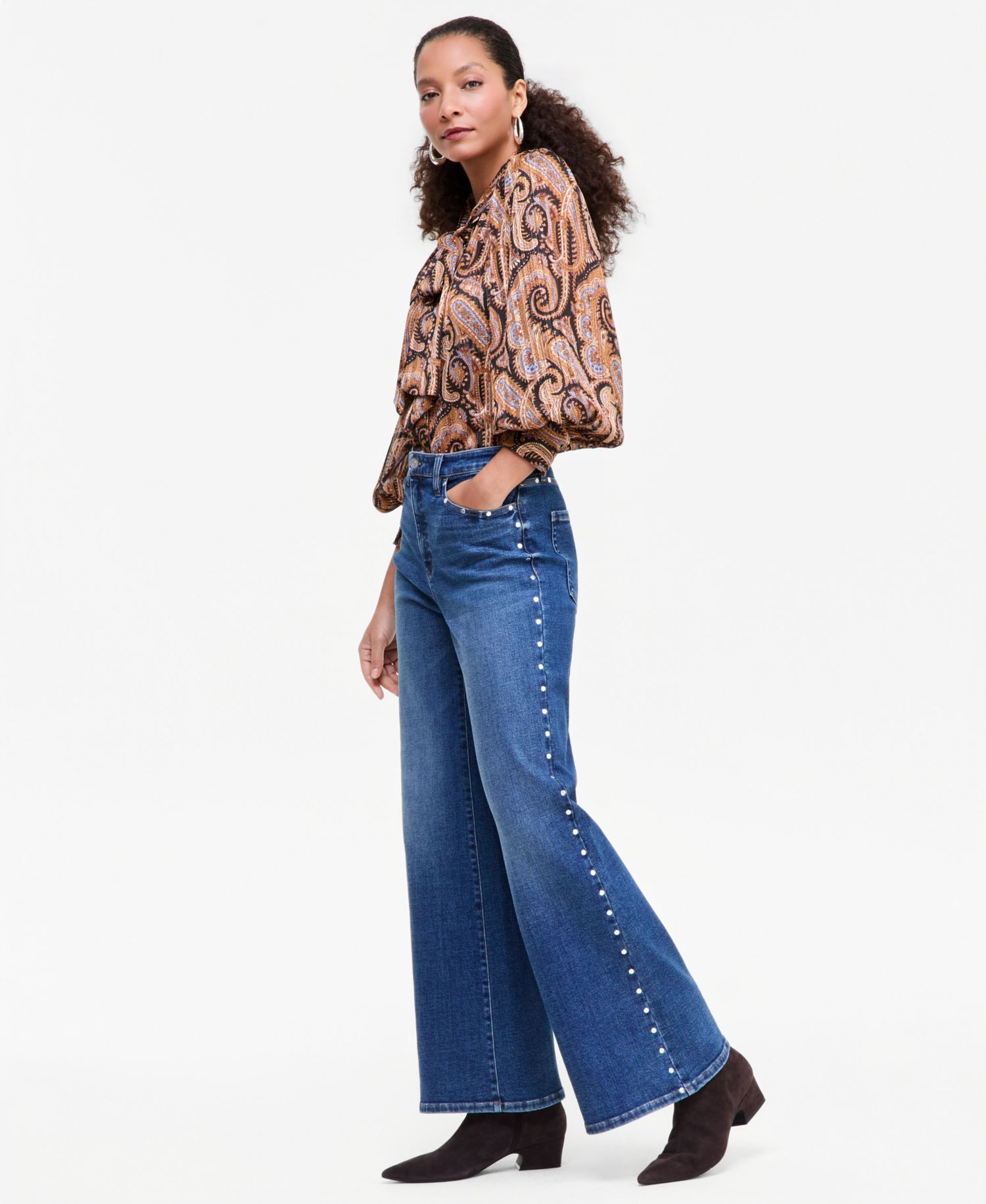 Women's High-Rise Wide-Leg Studded Jeans