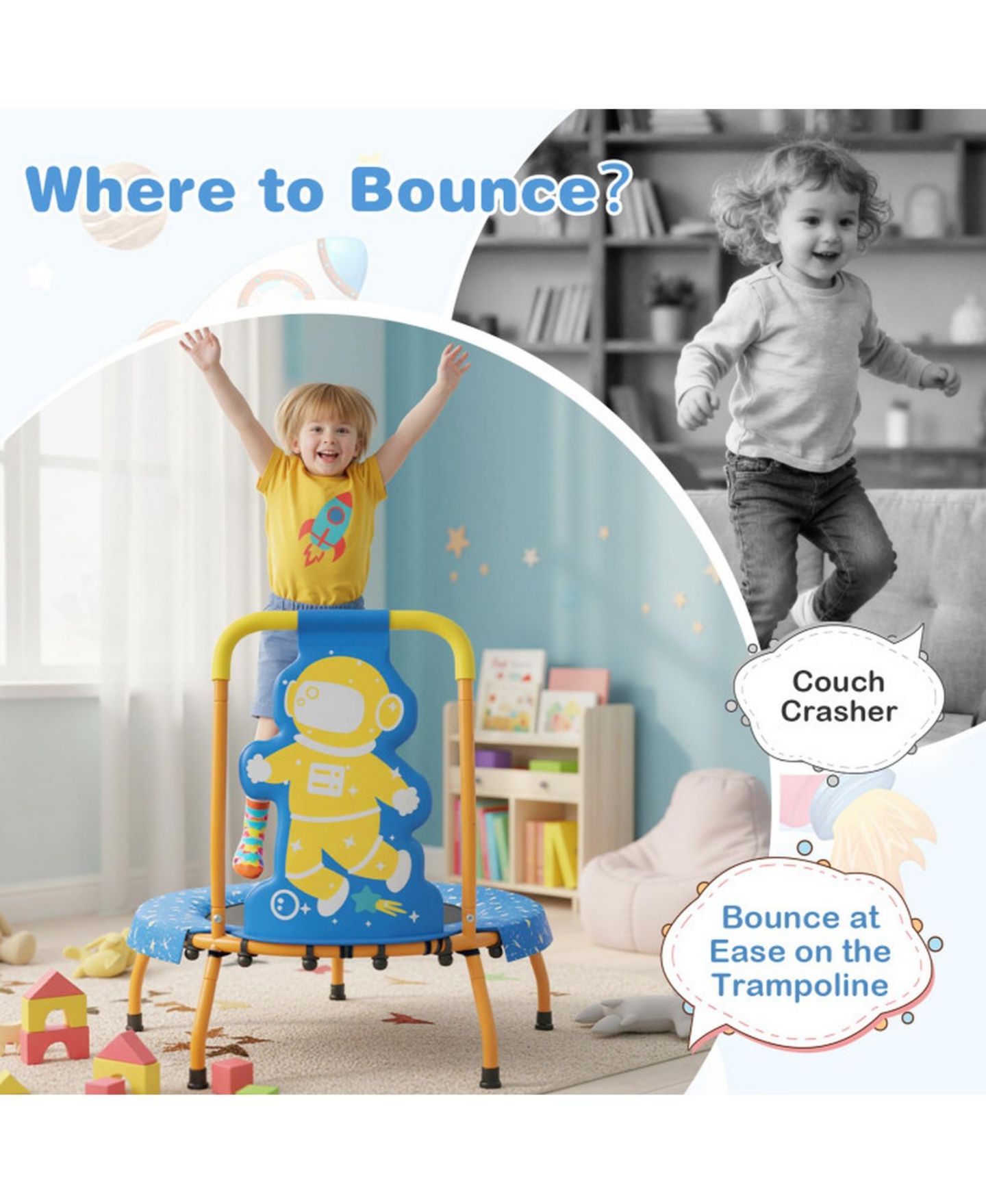 Детская игрушка HONGGE Mini Toddler Trampoline with Padded Handle, 28" × 30", 176 lb Capacity, Ages 3-6, цвет: Синий — фото 5