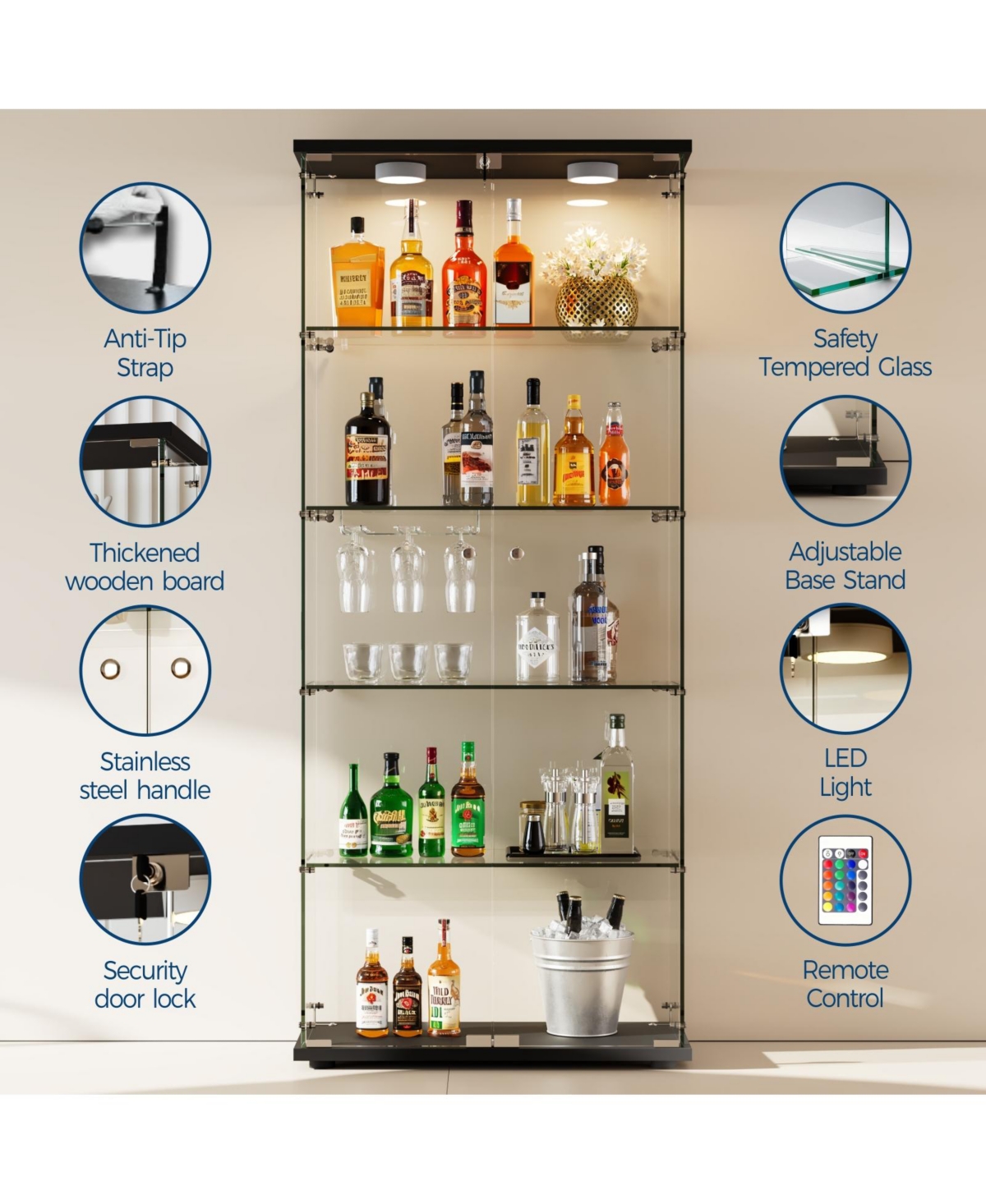 homfan Led-Lit Glass Display Cabinet, 5 Adjustable Shelves, Locking Doors, Curio for Collectibles, Figures, Models, Modern Organizer Living Room
