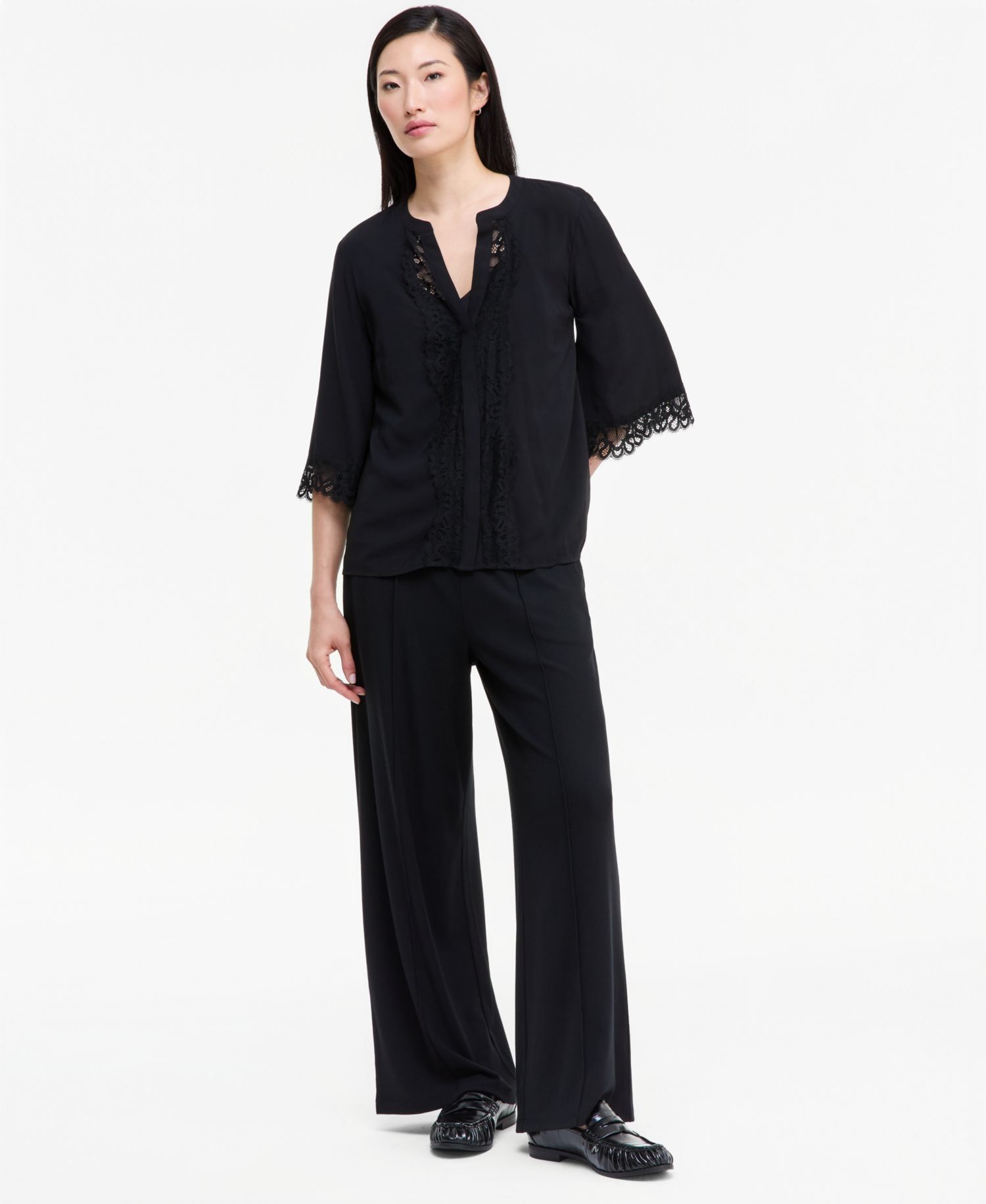 Women's V-Neck 3/4-Sleeve Lace-Trim Blouse