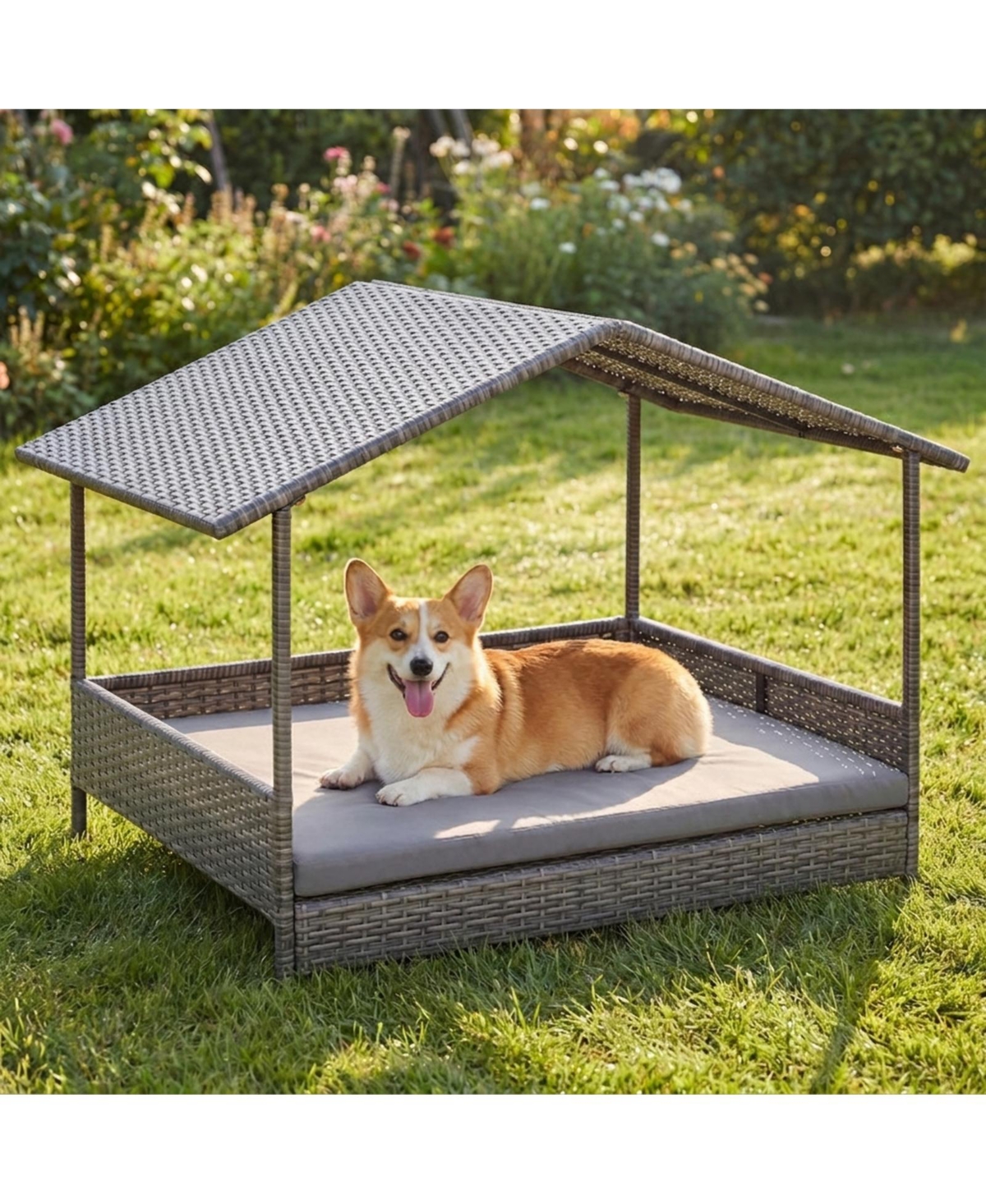 Sugift Elevated Wicker Dog House Pe Rattan Dog Bed With Canopy