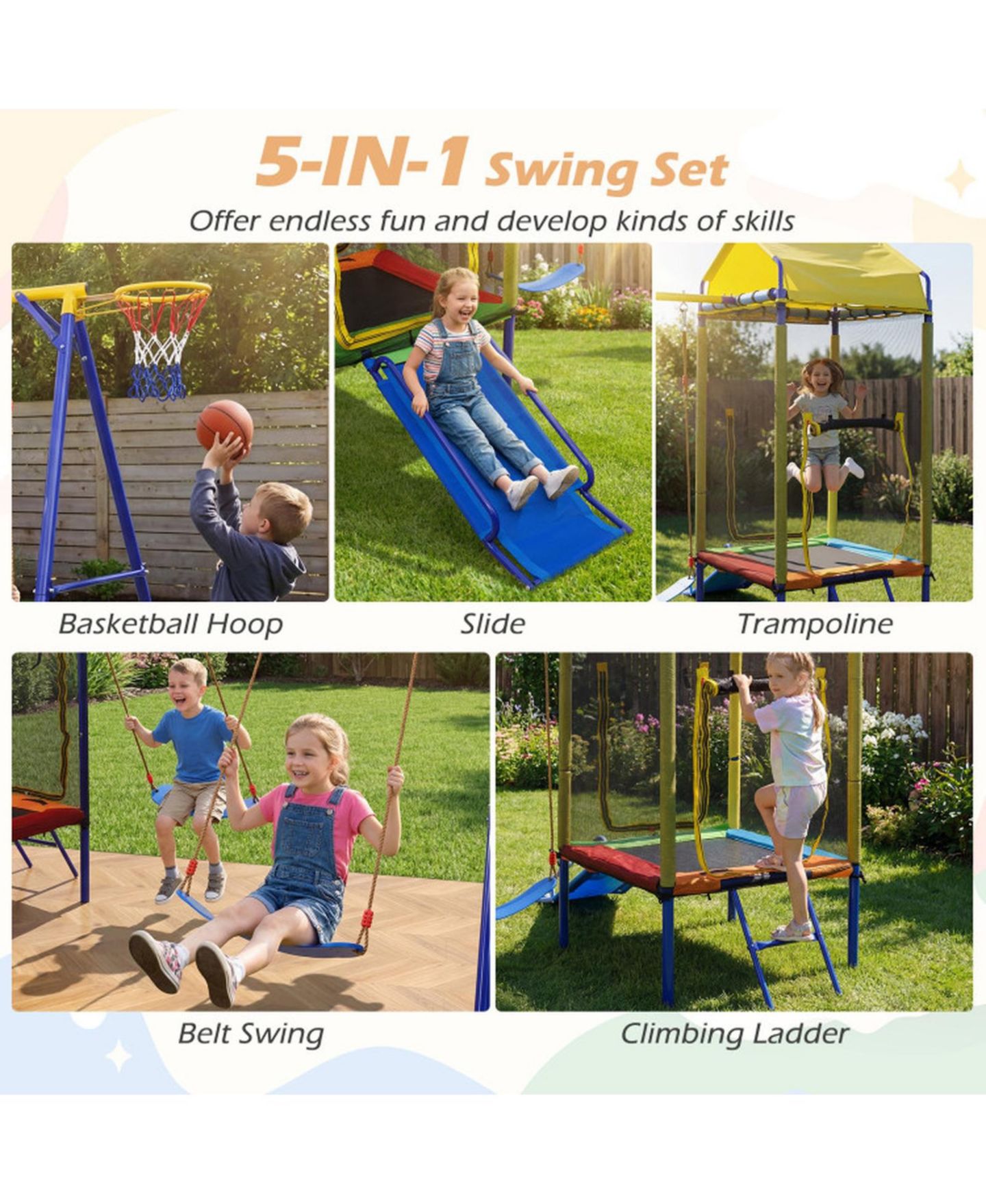 Детские игрушки SUGIFT 5-in-1 Metal Swing Set with Slide, Trampoline & Basketball Hoop, Ages 8+, цвет: Жёлтый — фото 5