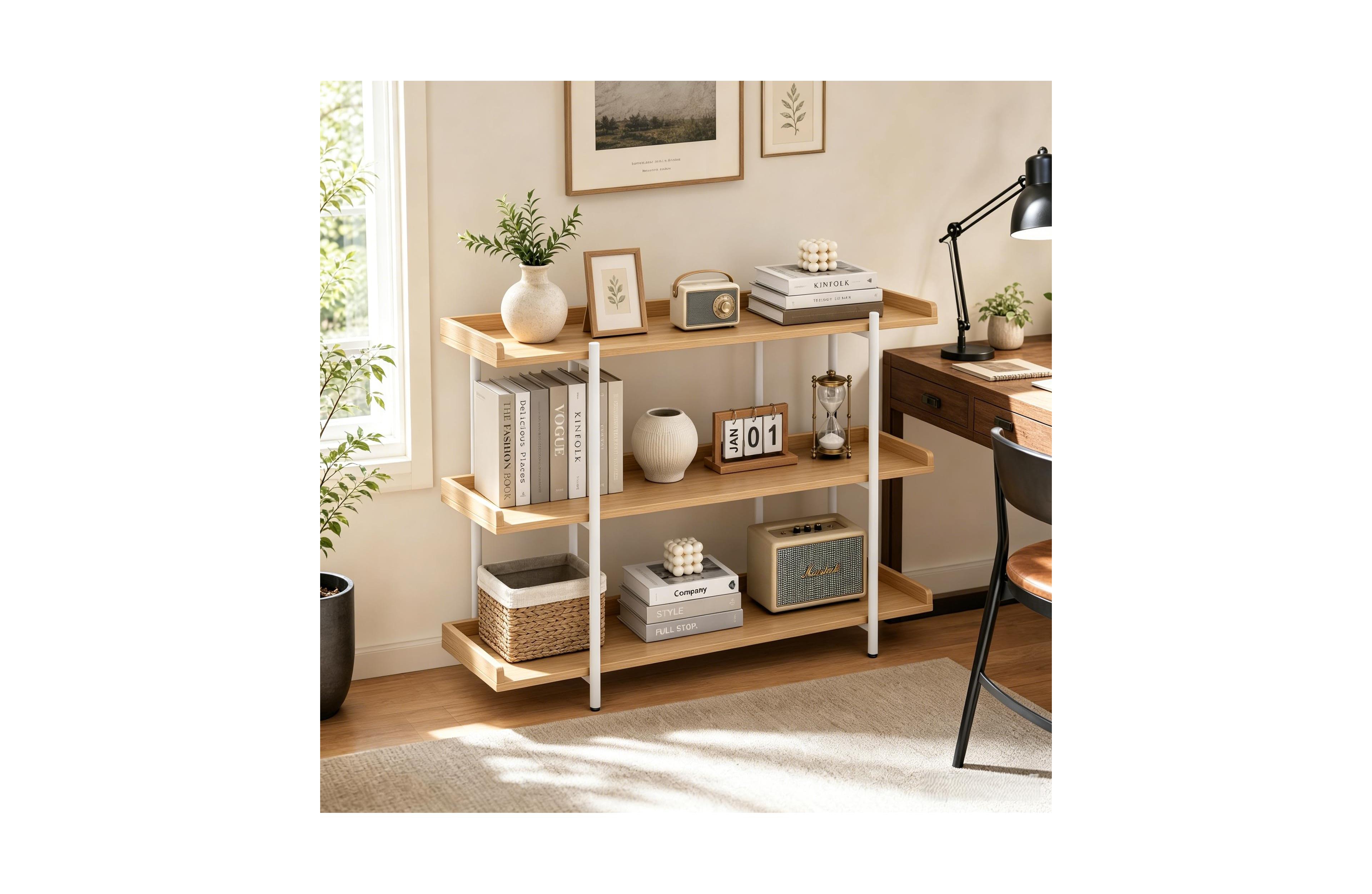 homfan 3 Tier Console Table, Rustic Farmhouse Sofa Table with Edge Guard, Industrial Entryway Table with Wood Shelves, 6 Legs
