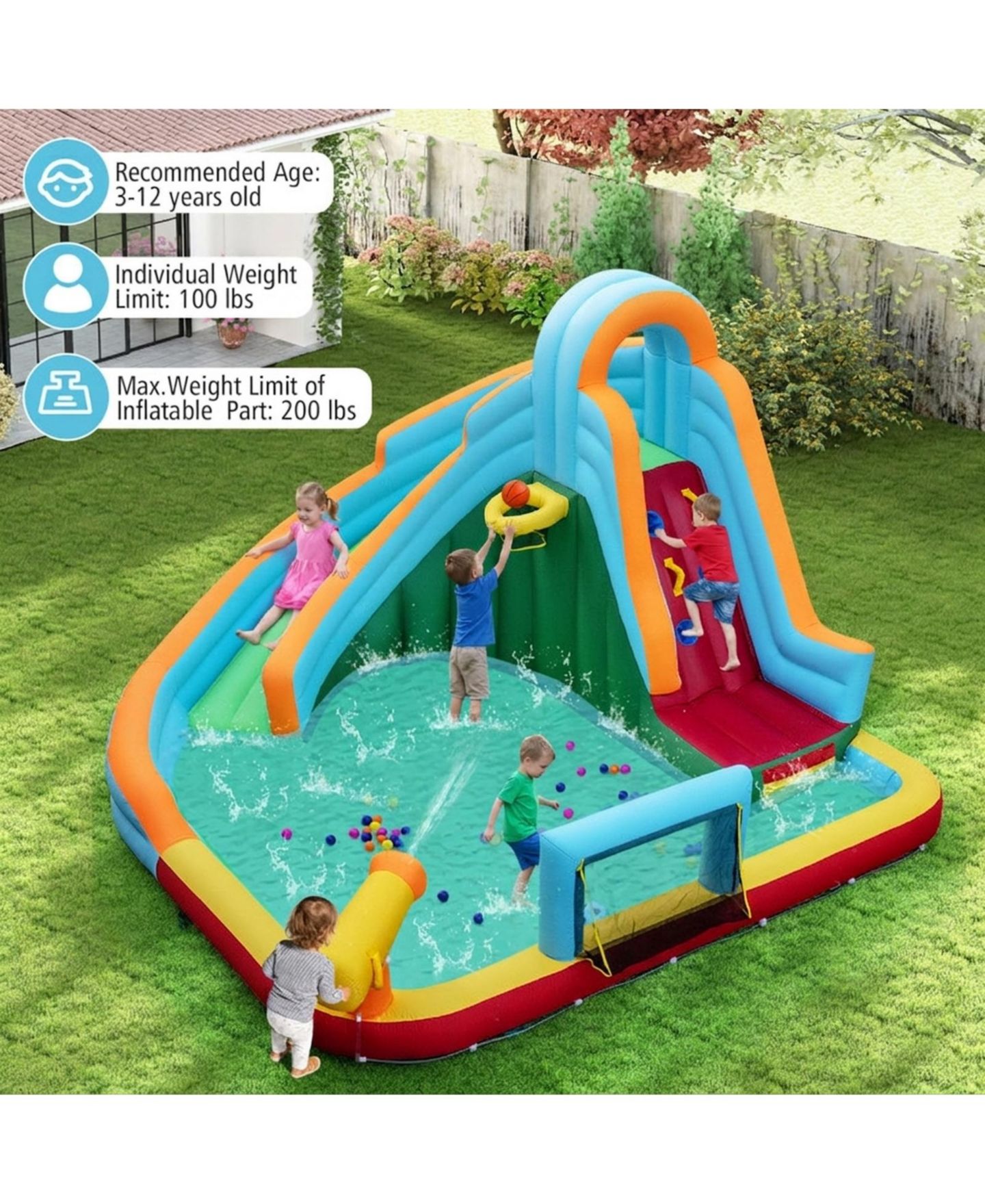 Детская игрушка SUGIFT 6-in-1 Inflatable Oxford Cloth Water Slide Park Bounce House With Long Slide Splash Pool Climbing Wall, Wet or Dry Play, Ages 3-12, цвет: Open Miscellaneous — фото 9