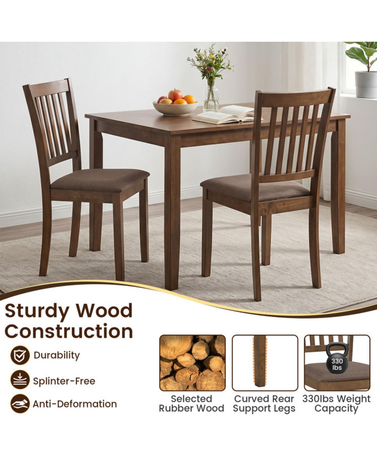 Sugift Set of 2 Upholstered Wooden Dining Chairs with Rubber Wood Frame