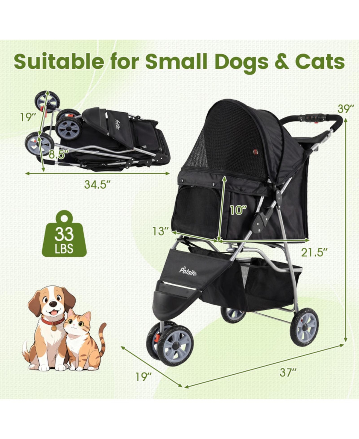 Sugift 3-Wheel Pet Stroller for Small Dogs and Cats up to 33 Lbs