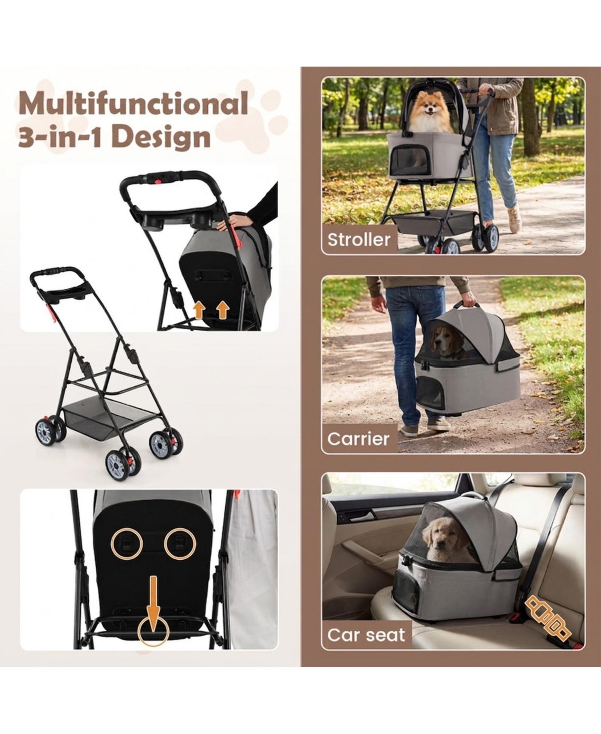 Hongge 35 in 3-in-1 Pet Stroller with Removable Travel Carrier