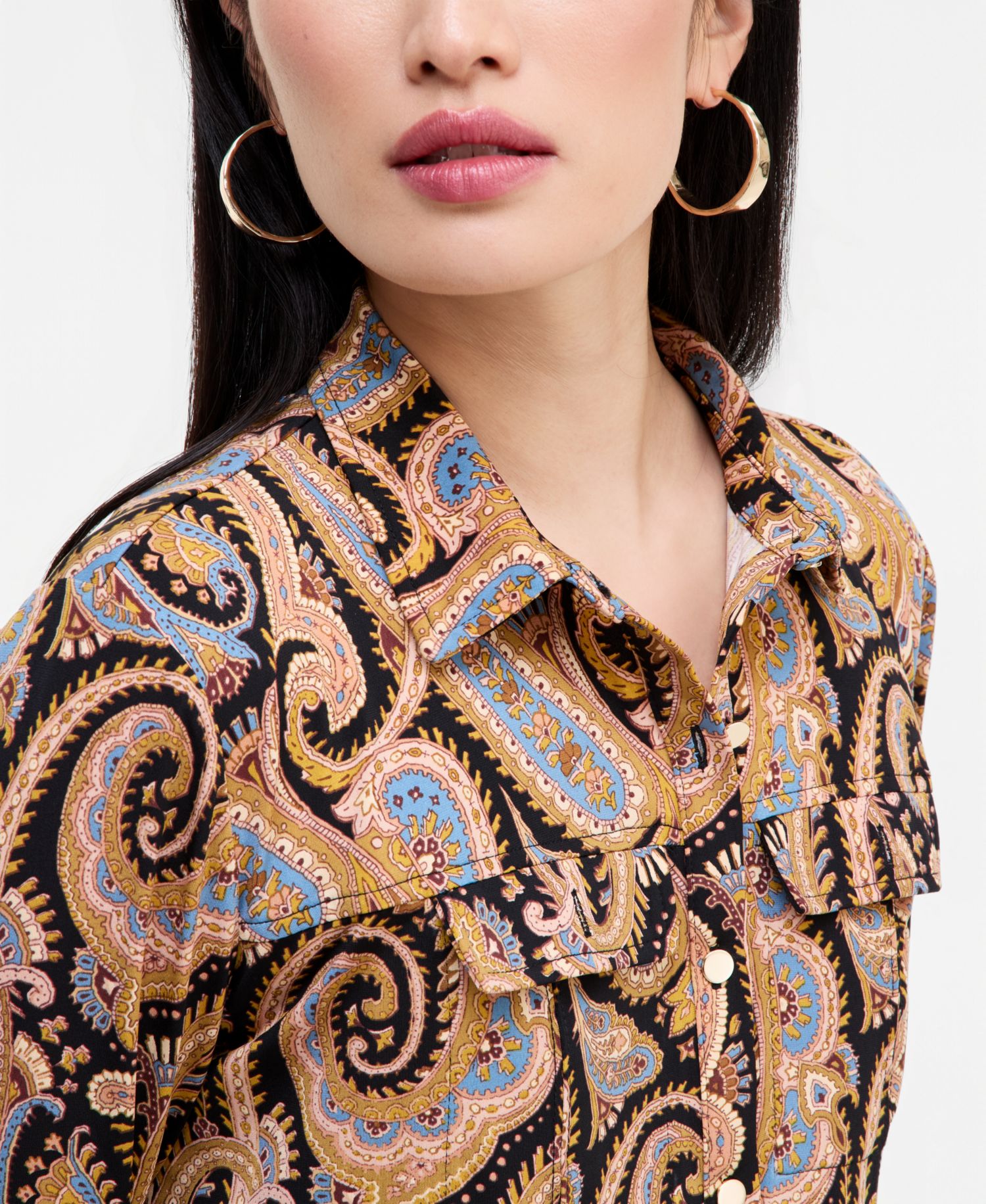 Women's Print Long-Sleeve Utility Button-Up Paisley-Print Blouse