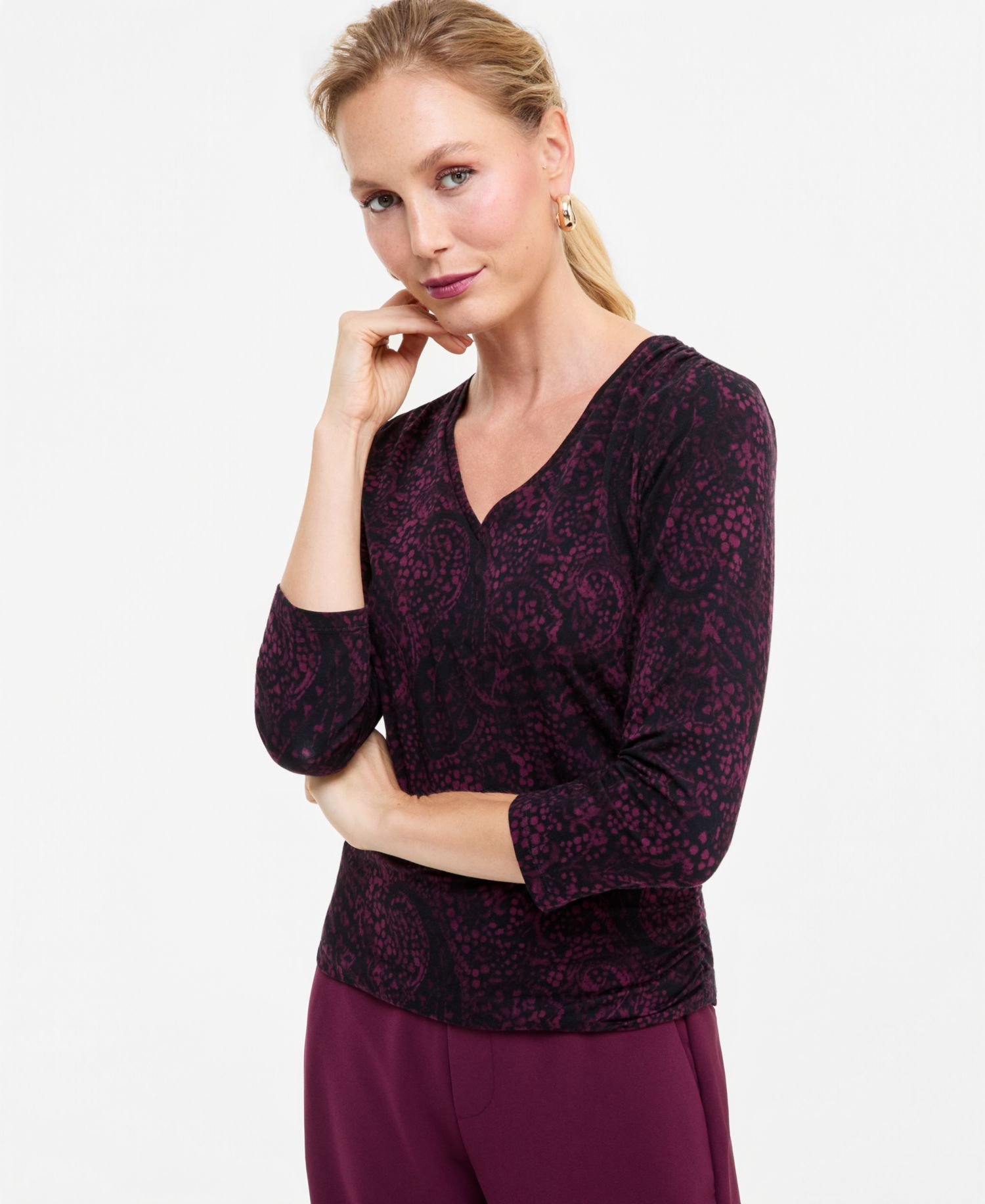 Women's 3/4-Sleeve V-Neck Printed Knit Top