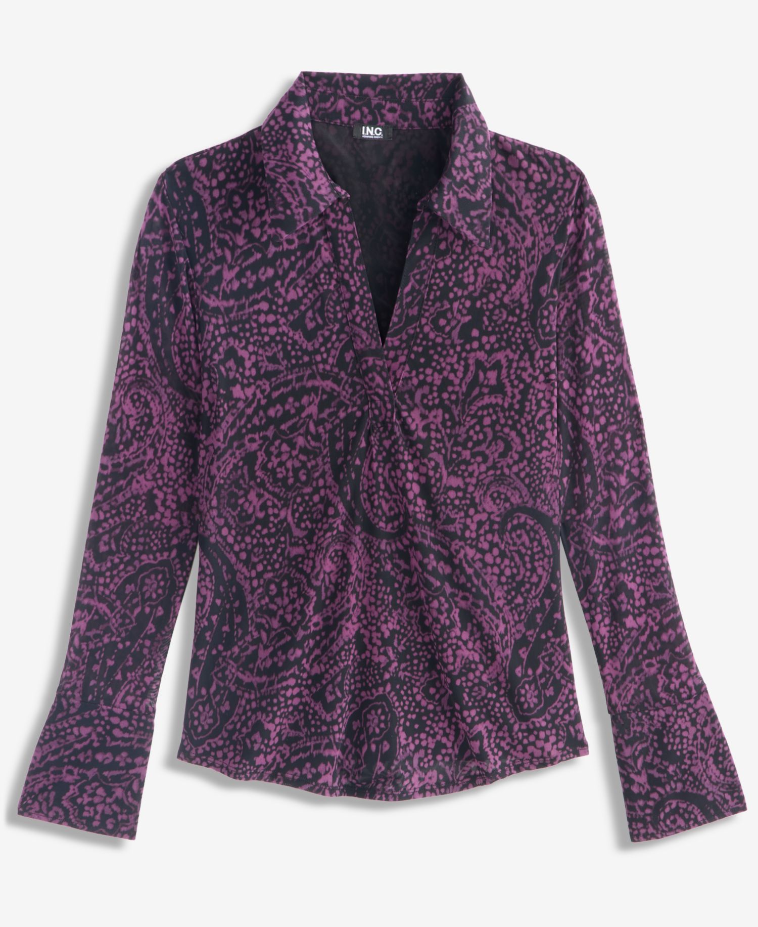 Women's Collared Printed V-Neck Long-Sleeve Mesh Top
