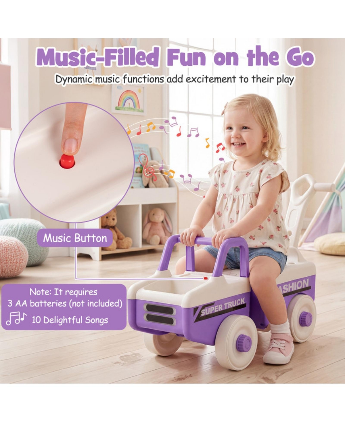 Hongge 4-in-1 Ride-On Push Car with Detachable Cargo Trailer & Music, 45 lbs Capacity, Ages 18 Months+