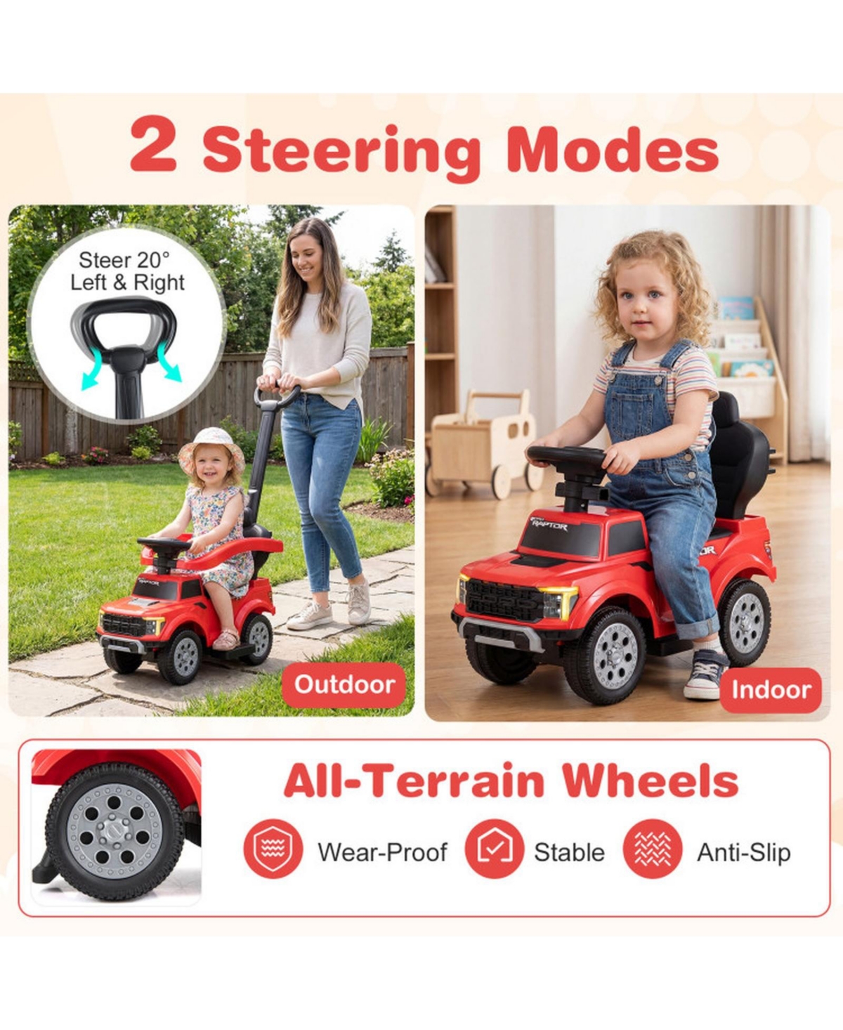 Hongge 3-In-1 Toddler Push Car with Detachable Handlebar, 55 lbs Capacity, Ages 18-36 Months