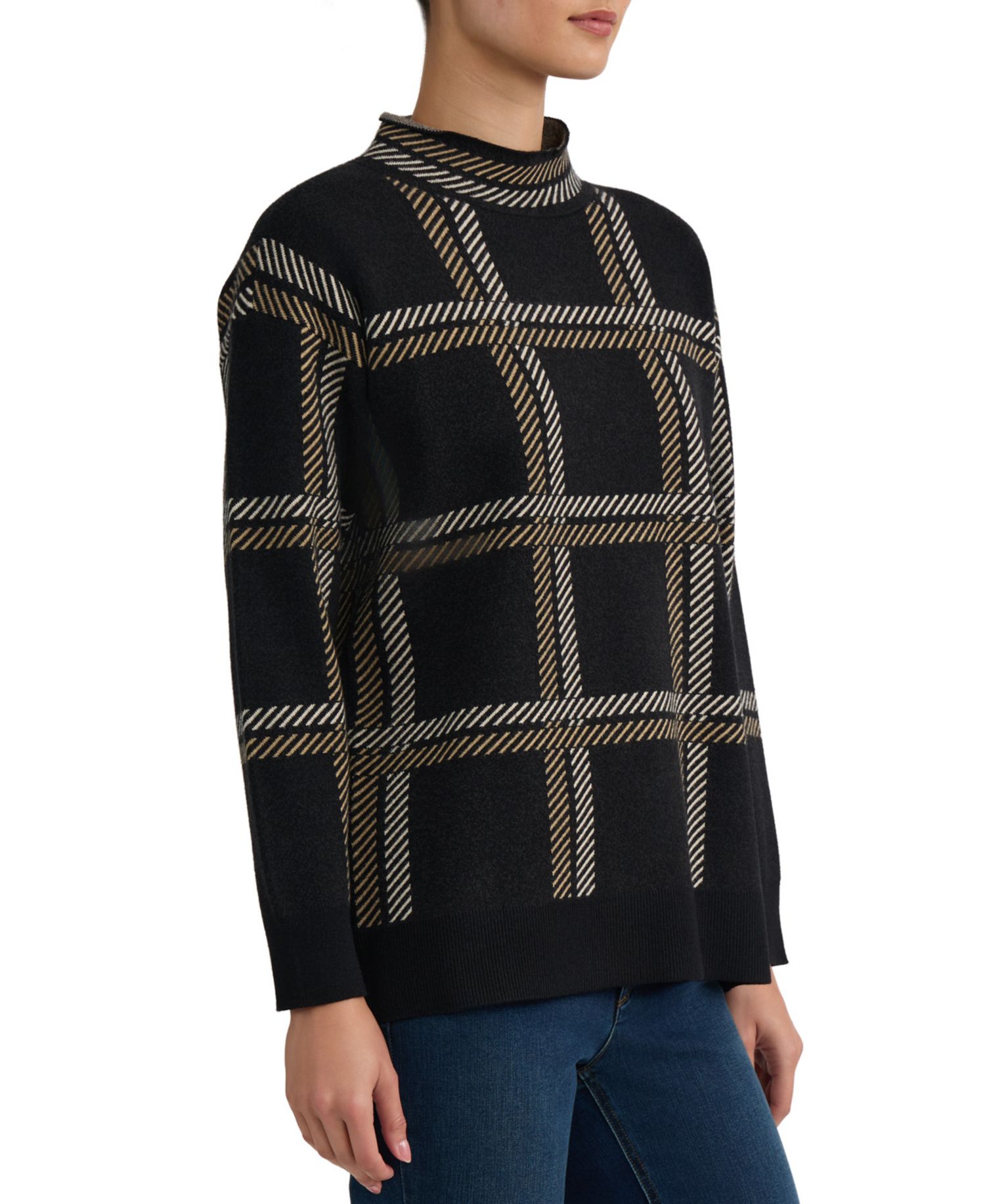 Petite Mock Neck Plaid Long-Sleeve Sweater