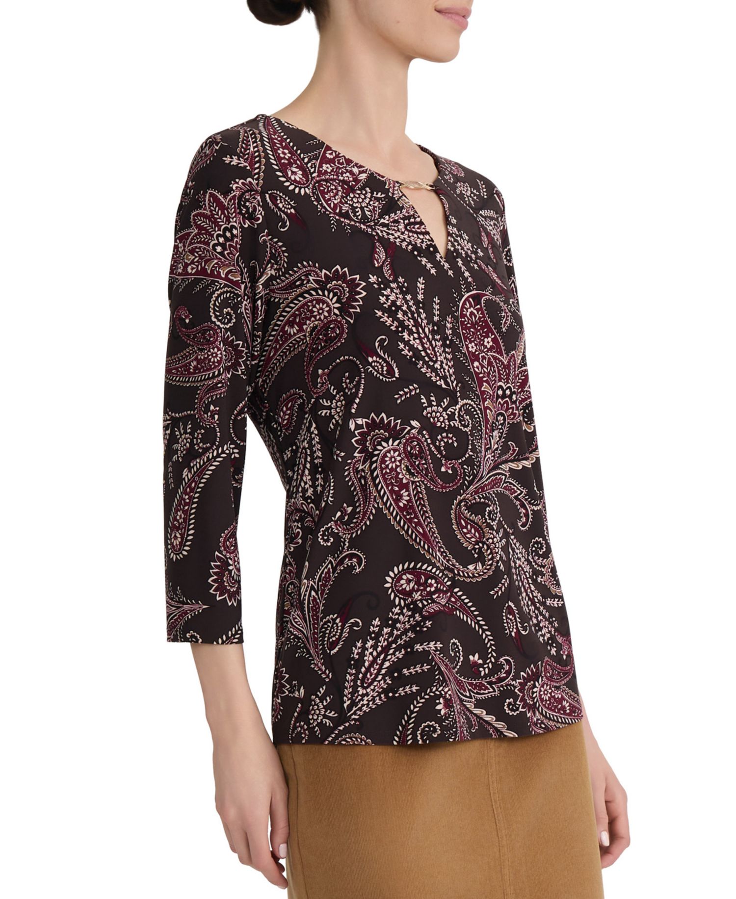 Petite Paisley-Print 3/4-Sleeve Keyhole-Neck Blouse