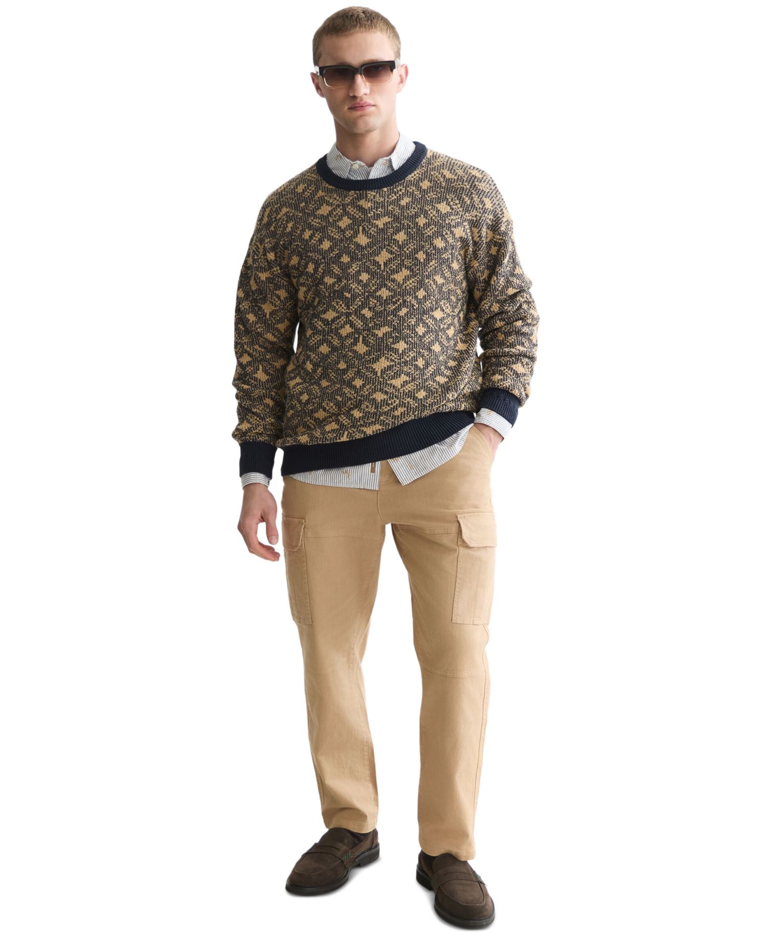 Men's Jacquard Wool-Blend Dropped Shoulder Crewneck Sweater