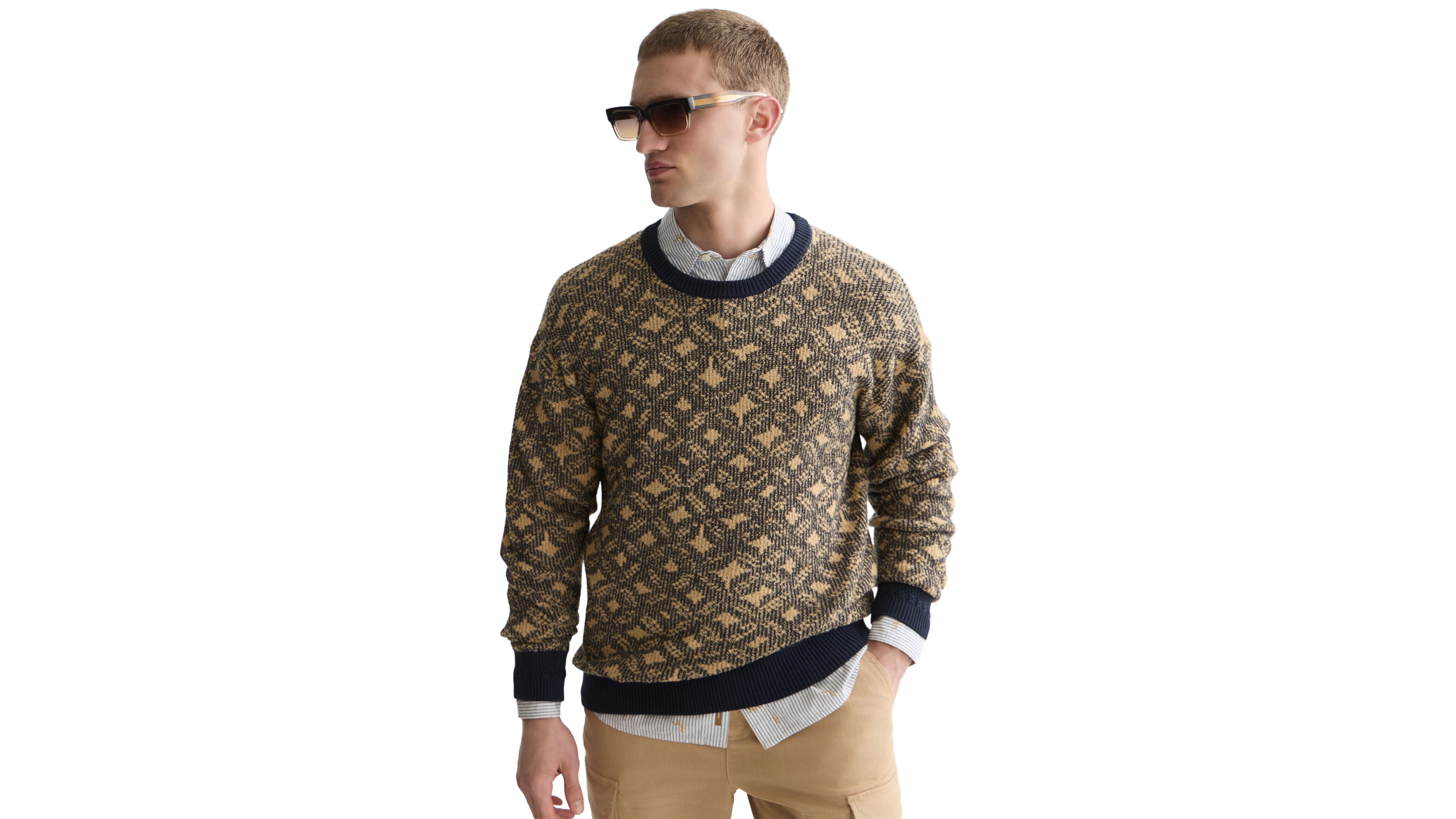 Scotch & Soda Men's Jacquard Wool-Blend Dropped Shoulder Crewneck Sweater
