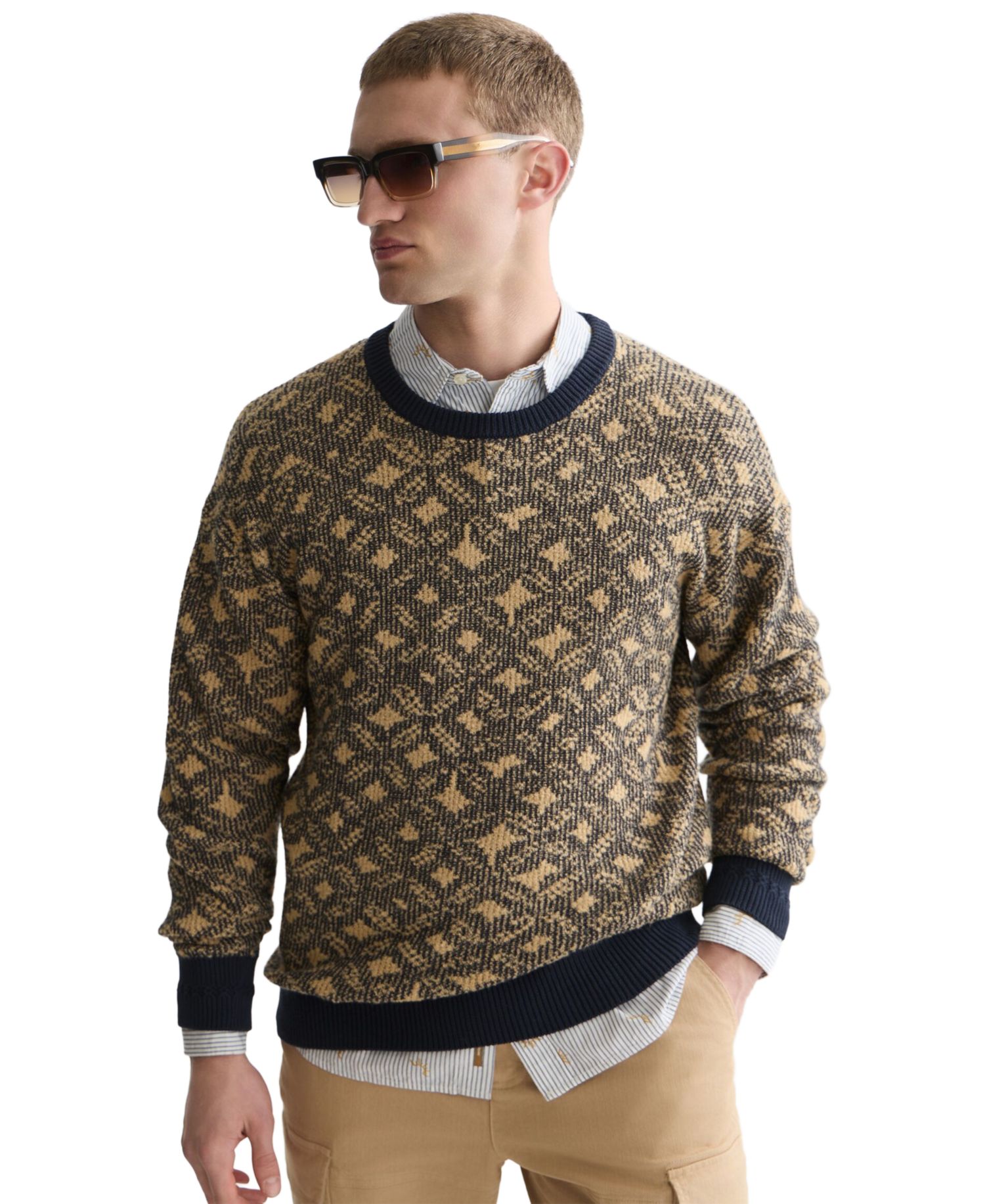 Men's Jacquard Wool-Blend Dropped Shoulder Crewneck Sweater
