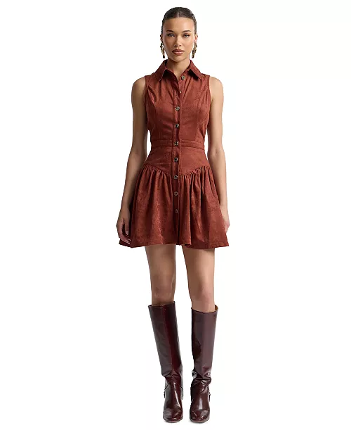 Avec Les Filles Women's Sleeveless Collared Faux Suede Mini Dress