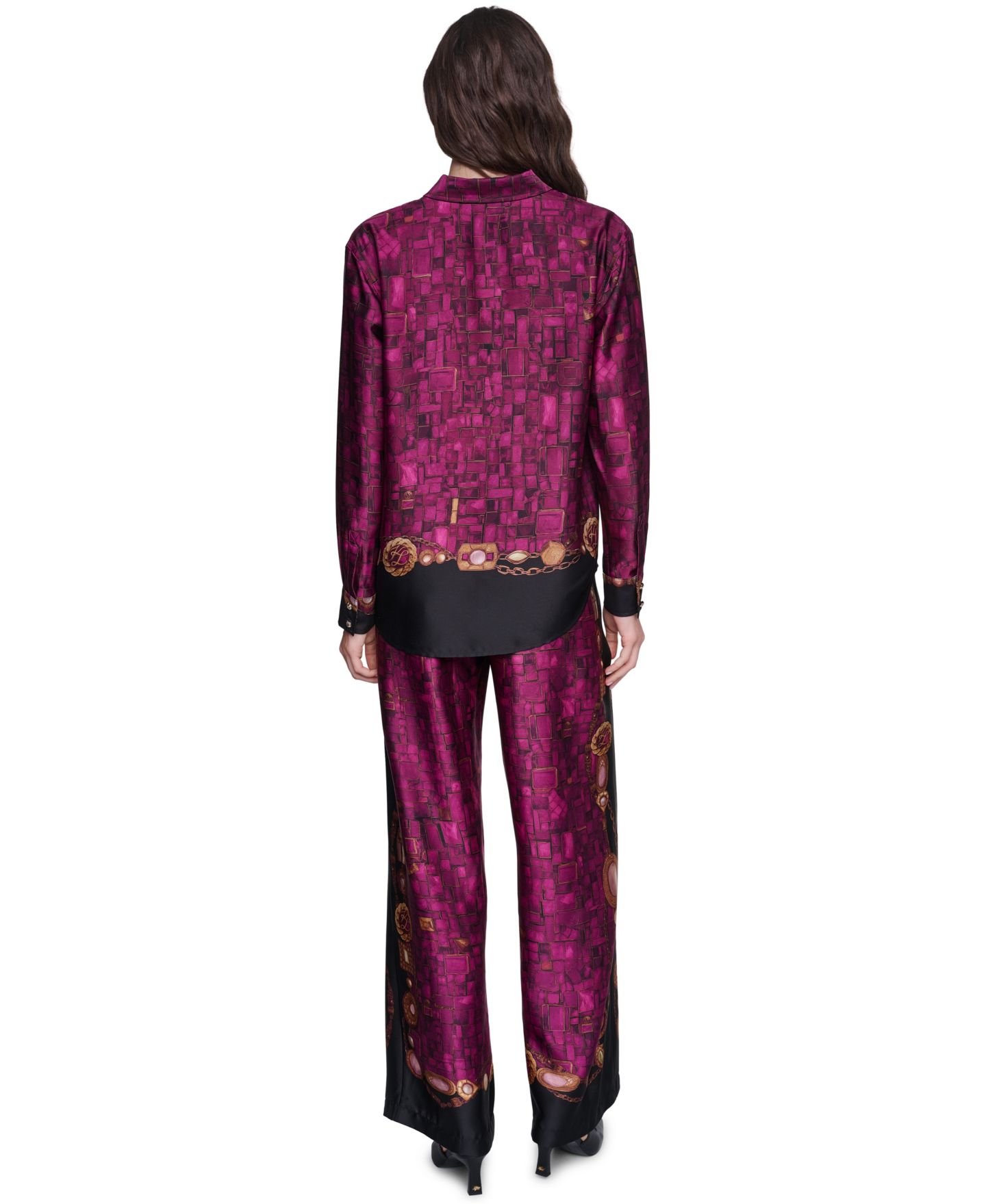 Женская блузка KARL LAGERFELD PARIS Petite Gold Floral Printed Long-Sleeve Satin Blouse, цвет: Вишнёвый комбинированный — фото 5