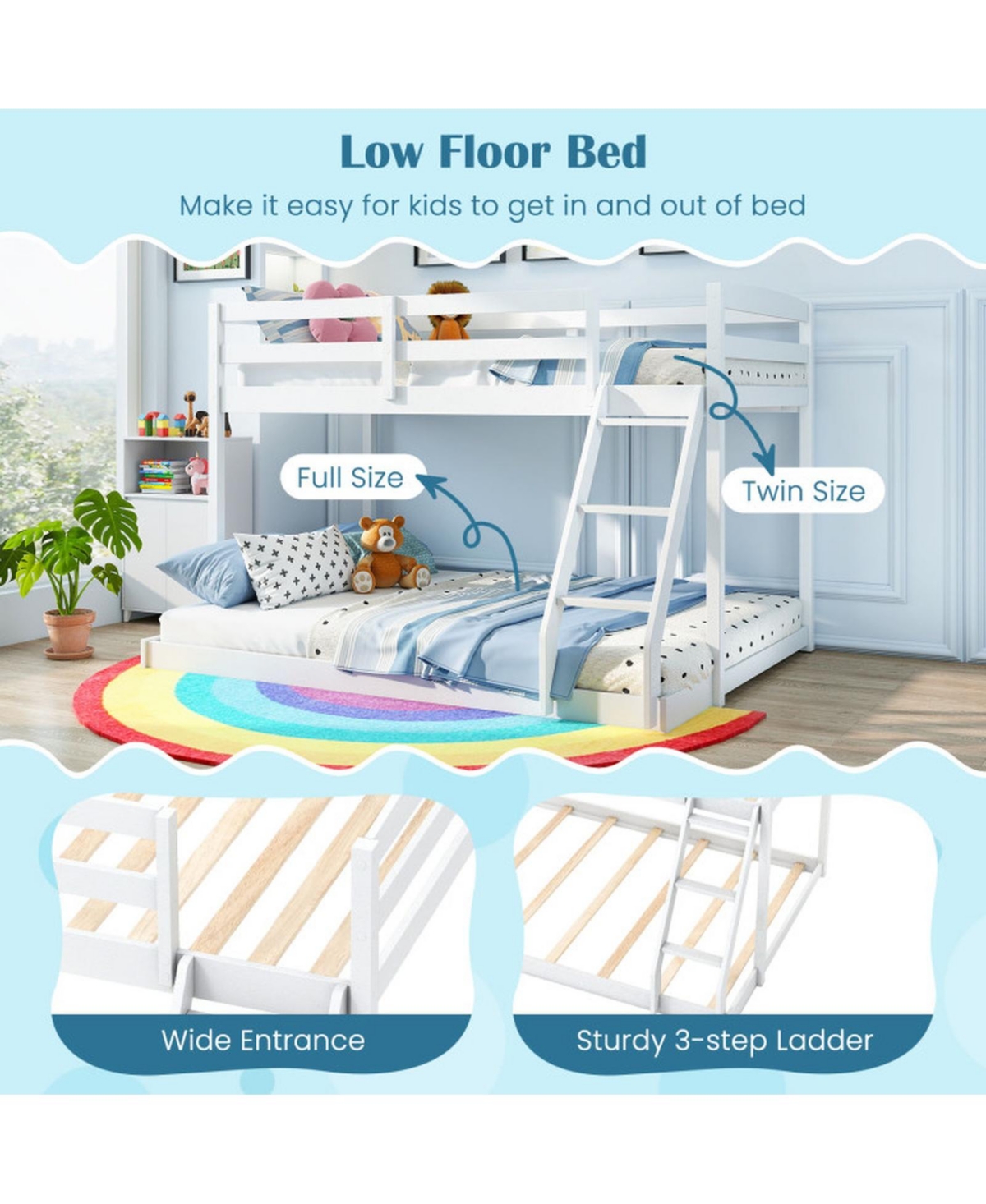 Sugift Twin Over Full Low Floor Wooden Bunk Bed Frame