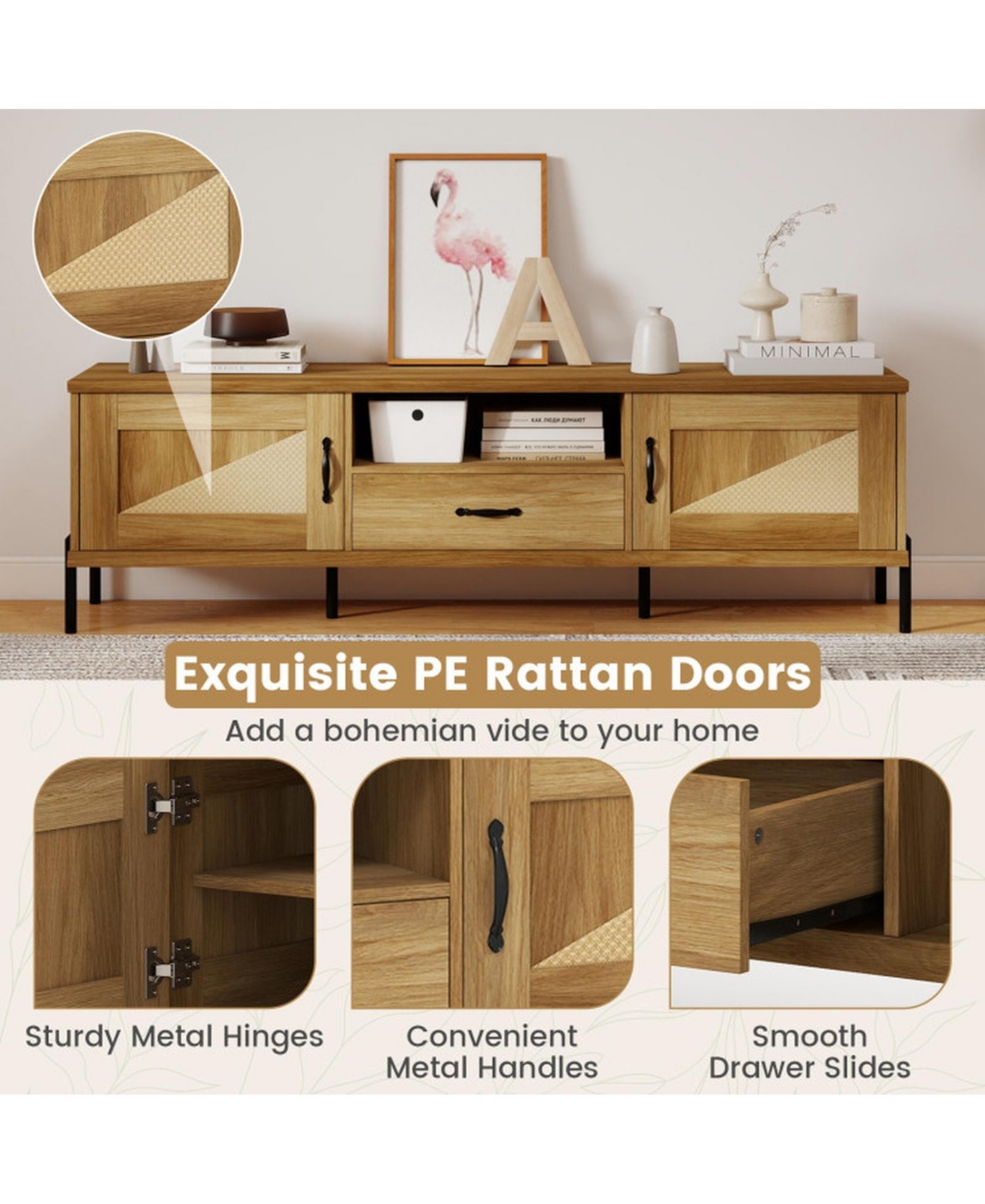 Sugift Rattan Tv Stand for 80-Inch TVs with 2 Cabinets Drawer and Open Shelf