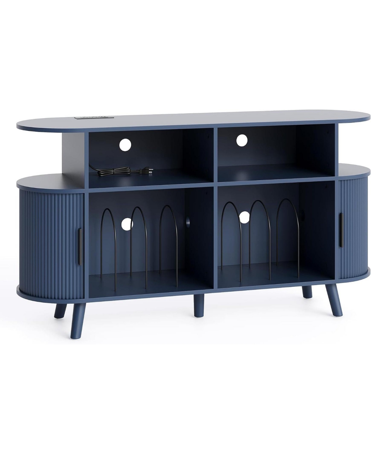 homfan 55" Round Mid-Century Tv Stand and Media Console with Vinyl Storage and Charging Station, Open Shelves