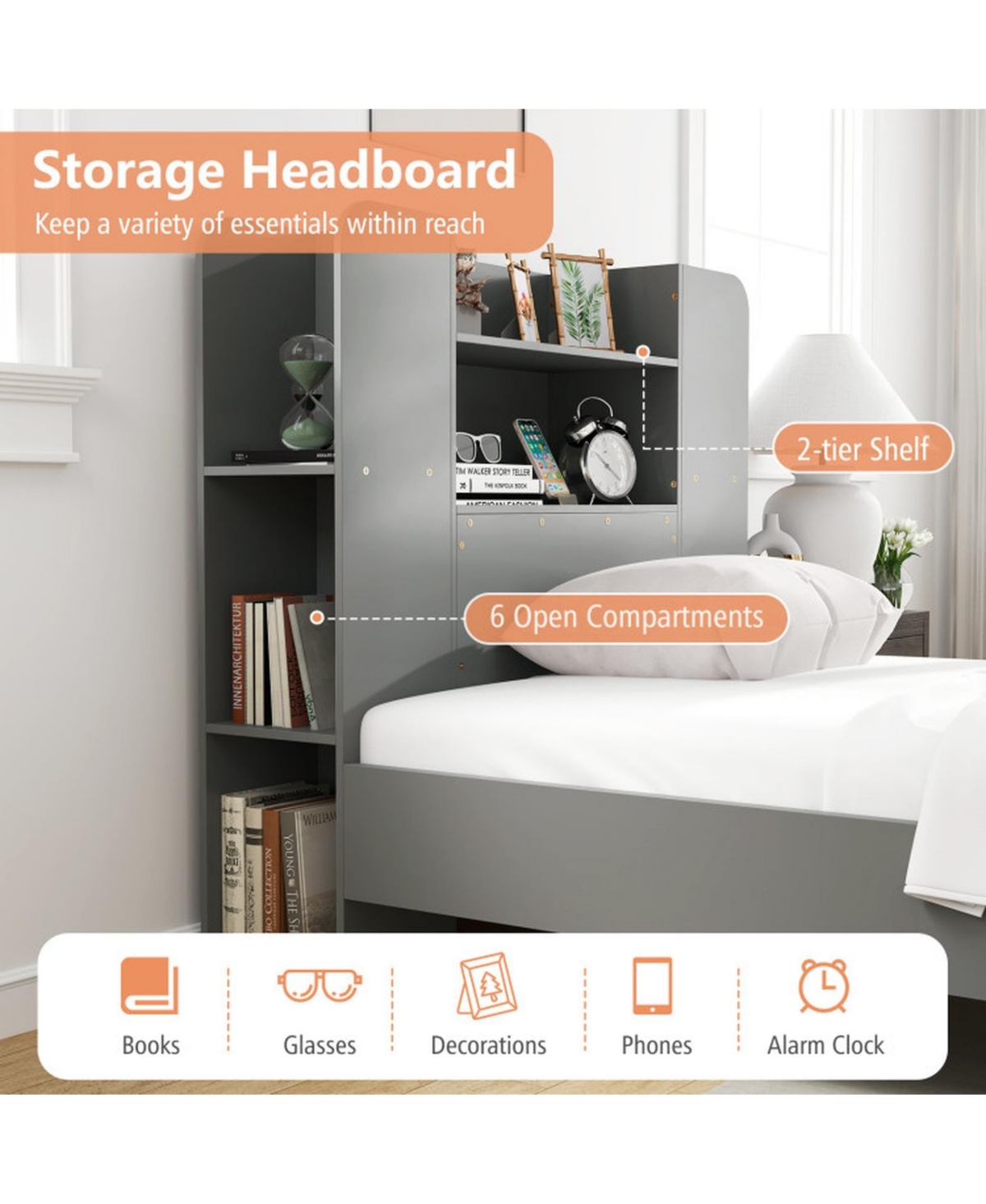 Sugift Twin Size Wooden Platform Bed Frame with Bookcase Headboard