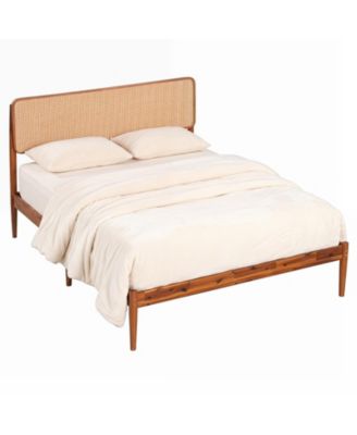 Full Size Acacia Wood Platform Bed with Woven Rattan Headboard and Slats