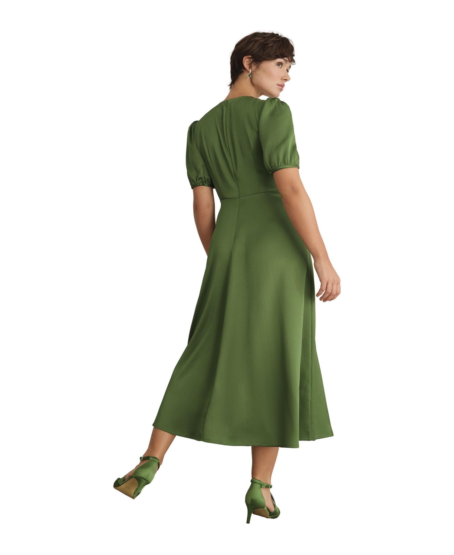 Women's Button Front Puff Sleeve Midi Dress