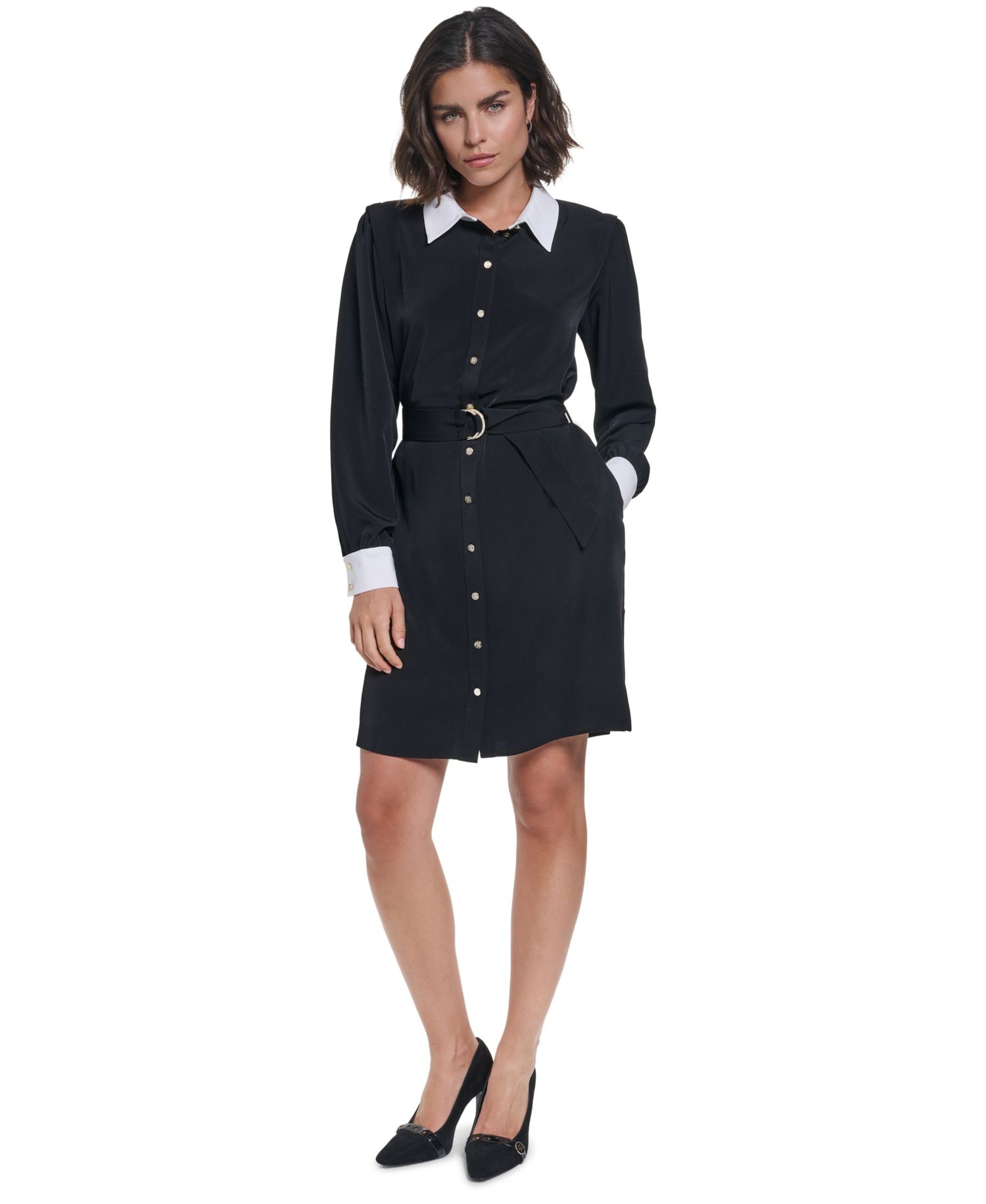 Women's Belted Contrast-Collar Shirtdress