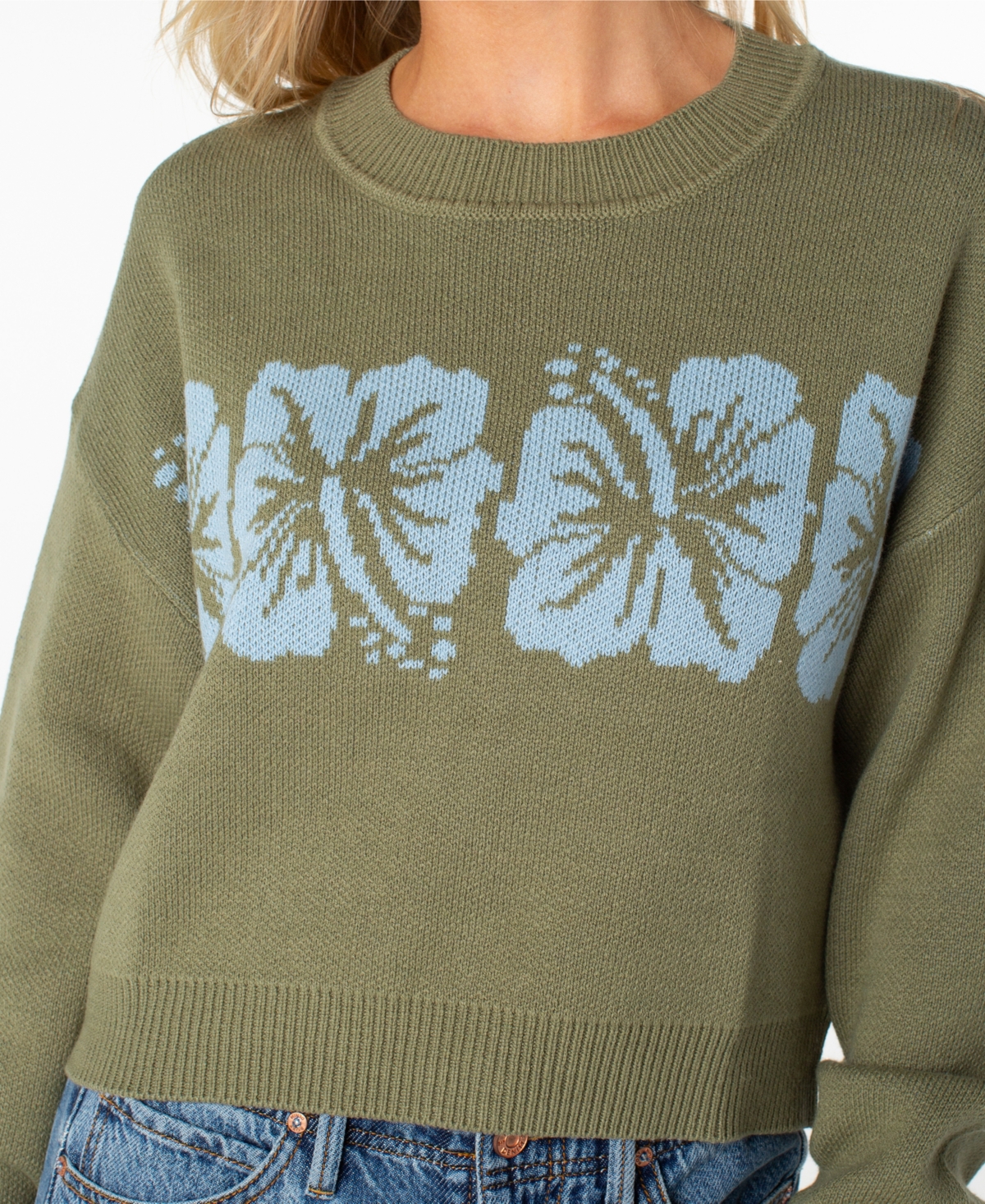 Roxy Women's Hibiscus Harmony Long-Sleeve Crop Floral Sweater
