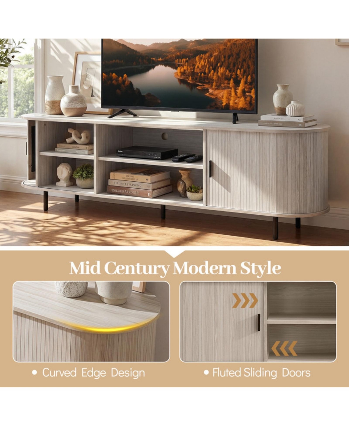 Sugift Tv Stand for TVs with Fluted Sliding Doors and 8 Storage Compartments