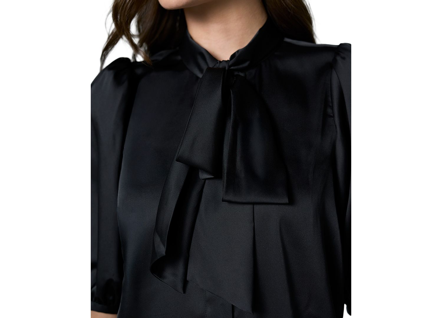 Petite Elbow-Length Puff-Sleeve Tie-Neck Satin Blouse