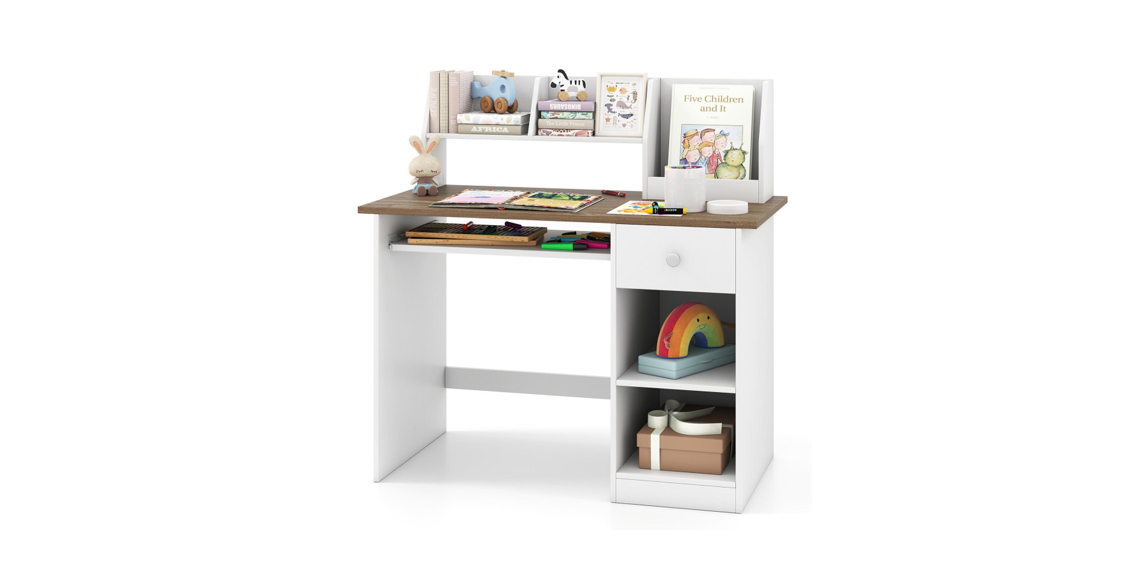 Sugift Kids Study Desk with Hutch Shelves and Keyboard Tray Drawer