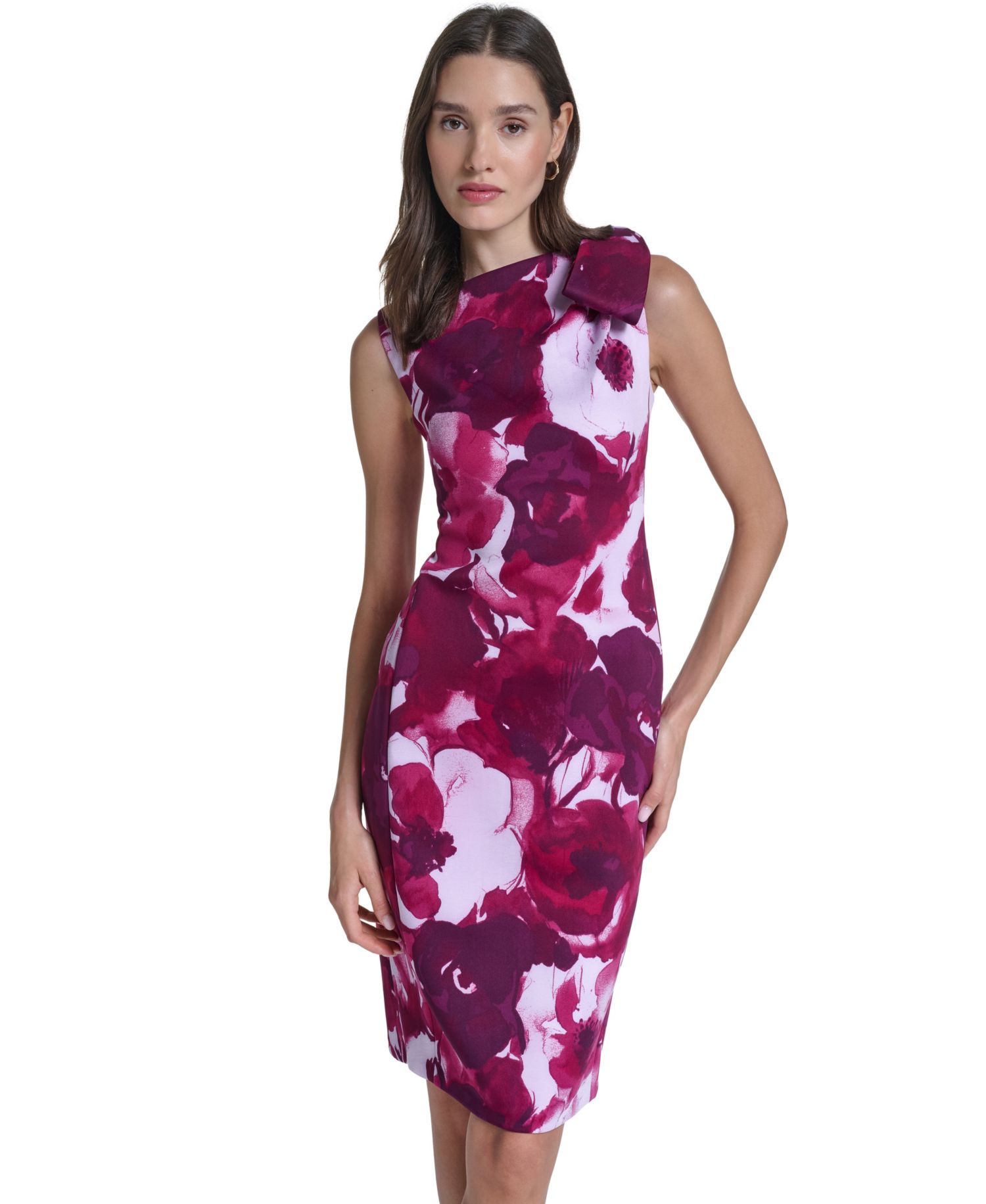 Women's Floral Boat Neck Shoulder-Bow Dress