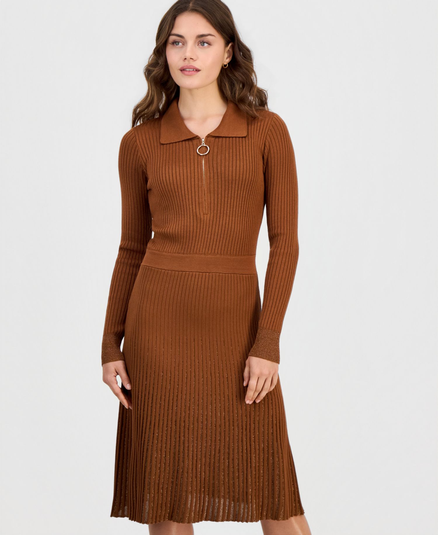 Women's Lurex Ribbed-Knit Zip-Front Midi Dress