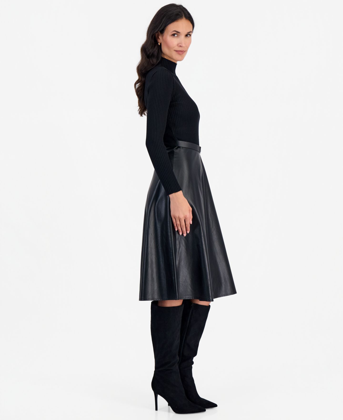 Женское платье Robbie Bee Petite Mockneck Long-Sleeve Belted, цвет: Чёрный — фото 4