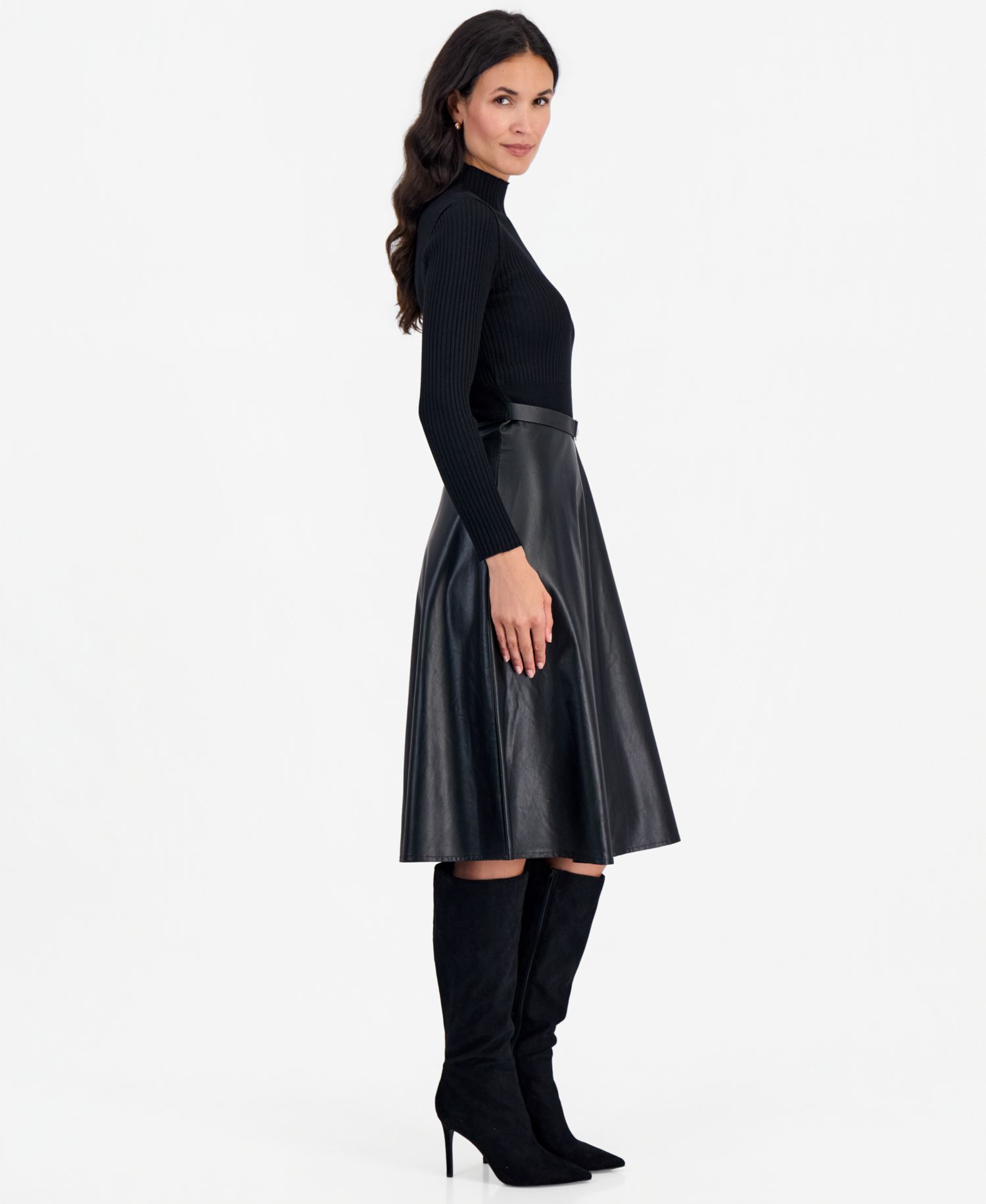 Petite Mockneck Long-Sleeve Belted Dress